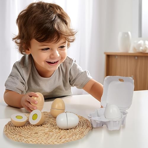 Miniatura 5 de Huevos de madera, 4 piezas de juguetes de corte de huevos de Pascua, juegos de comida de juego de simulación para niños desarrollo temprano, regalos