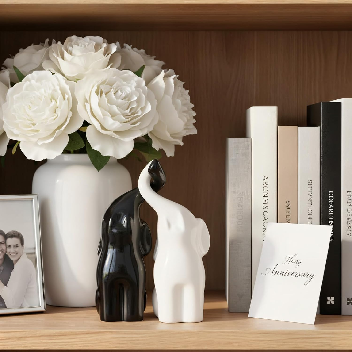 Ceramic Elephant Statue Decor - 6" Black & White Elephant Ring Holder Figurines for Living Room, Bedroom, Office Shelf - Valentine's Wedding Gift Ornaments, Anniversary Home Décor Accents