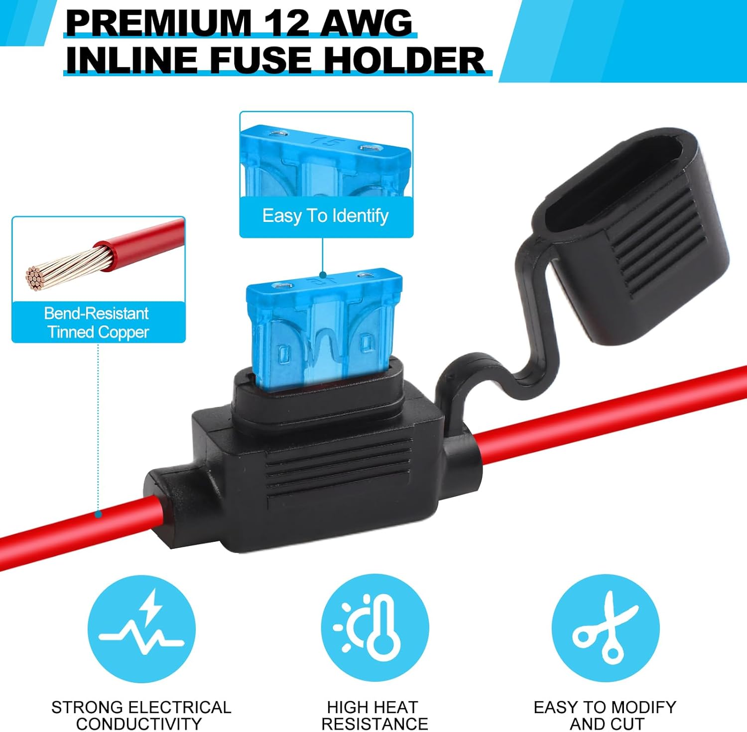 4 Pack 12AWG Inline Fuse Holder, Waterproof Fuse Holder with 35 PCS Standard Fuses (5 of Each: 5A, 7.5A, 10A, 15A, 20A, 30A, 40A), Upgraded In Line Fuses Holders 12v for Marine Auto