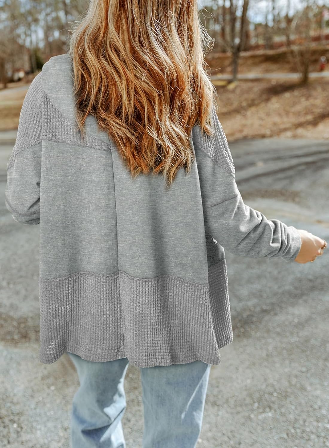 Dokotoo Waffle Stitch Spliced Hoodies for Ladies 2025 Drawstring Contrast Zip Up Cute Tops Fall Tops Loose Fit Lightweight Trendy Shirt Jackets with Pockets,Light Gray Large - Image 3