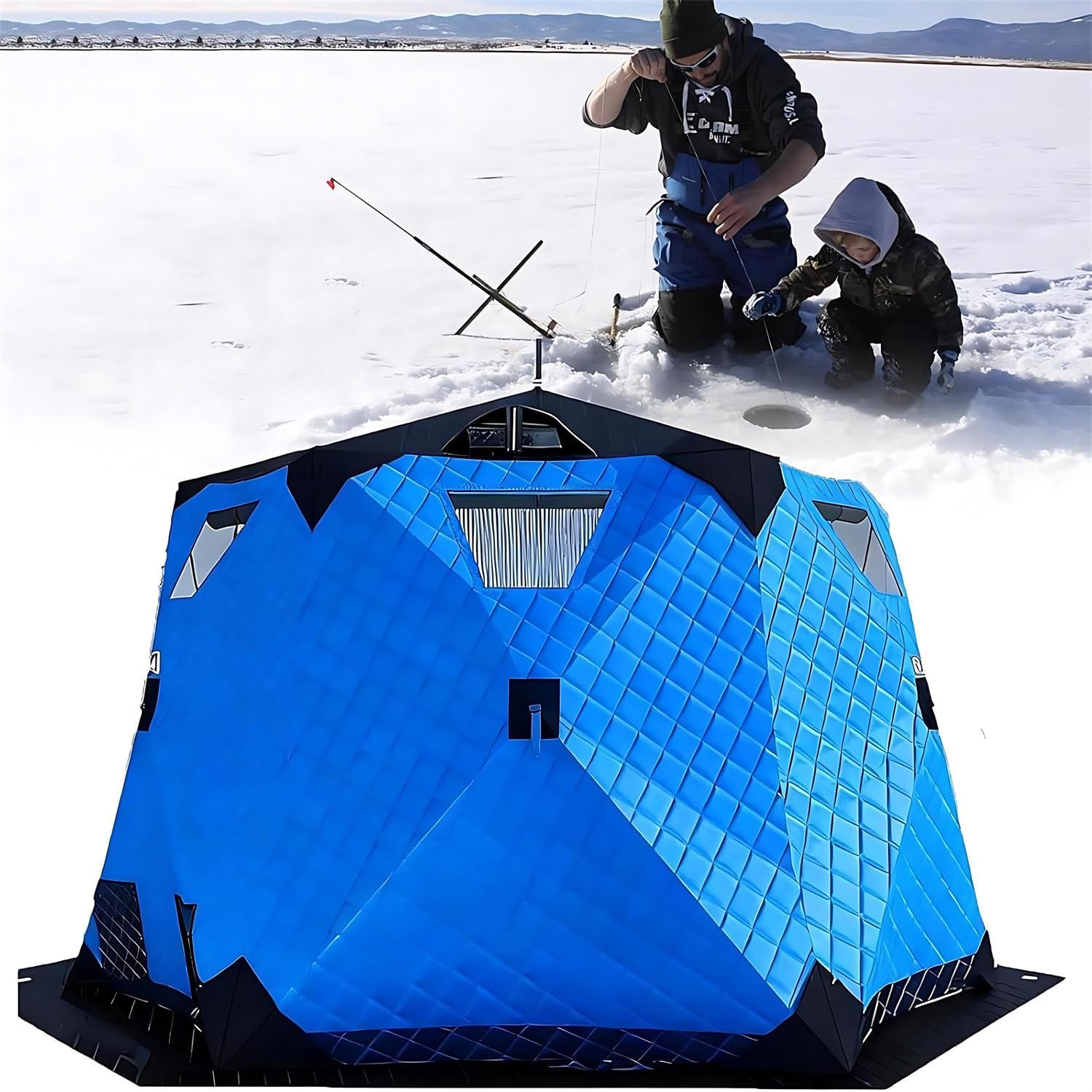 Ice Fishing Shelter with Stove Jack and Floor, Portable Ice Fishing Tent 420D Insulated Layer Ice Shanty Hexagon Ice Huts 5-6 People Portable Ideal for Ice Fishing & Winter Camping Blue