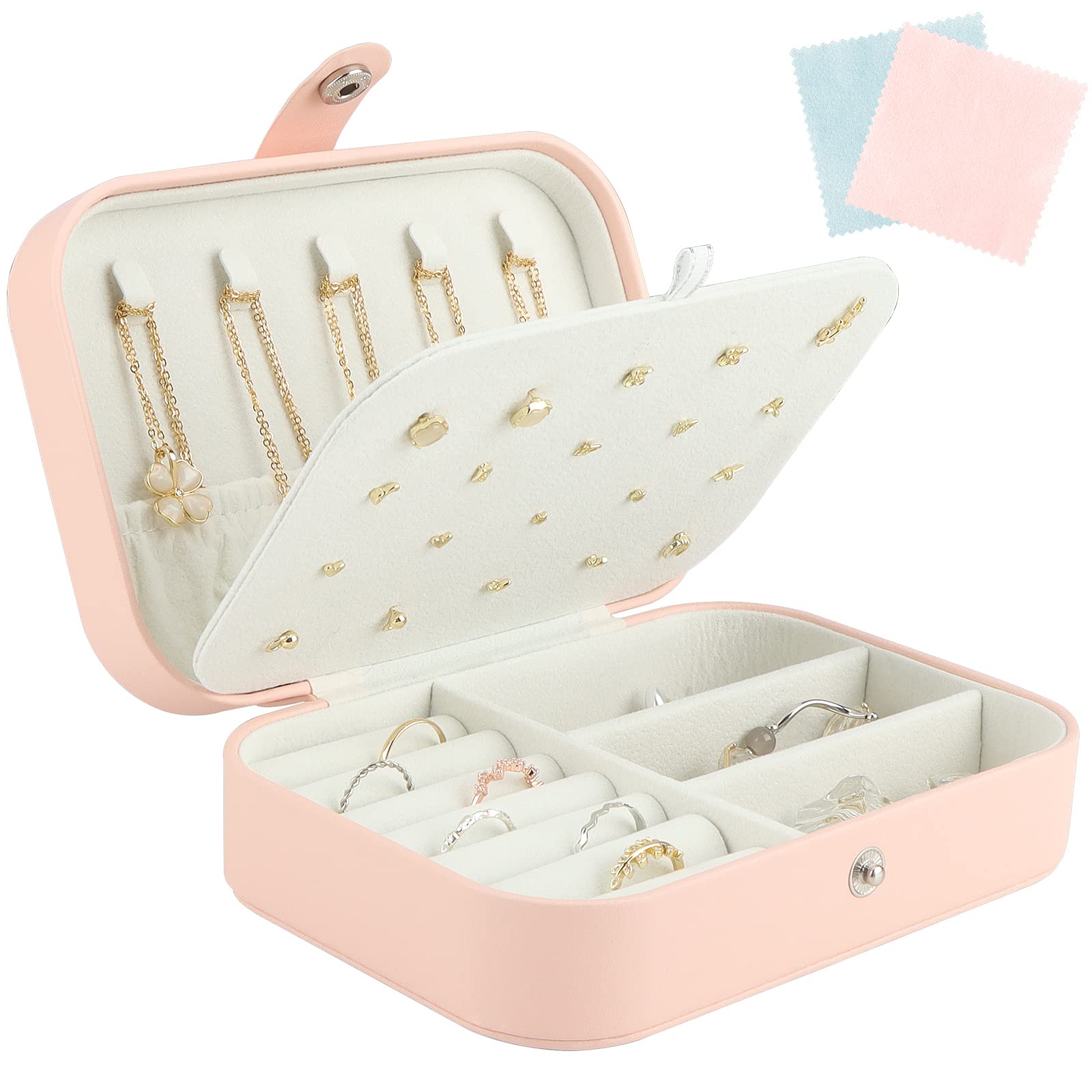 TEIVULTEIVUL Jewellery Box, PU Leather Travel Jewelry Box Organiser with Cleaning Cloth for Rings Earrings Necklace Bracelets, Portable Small Jewellery Storage Case, Gifts for Women Girls