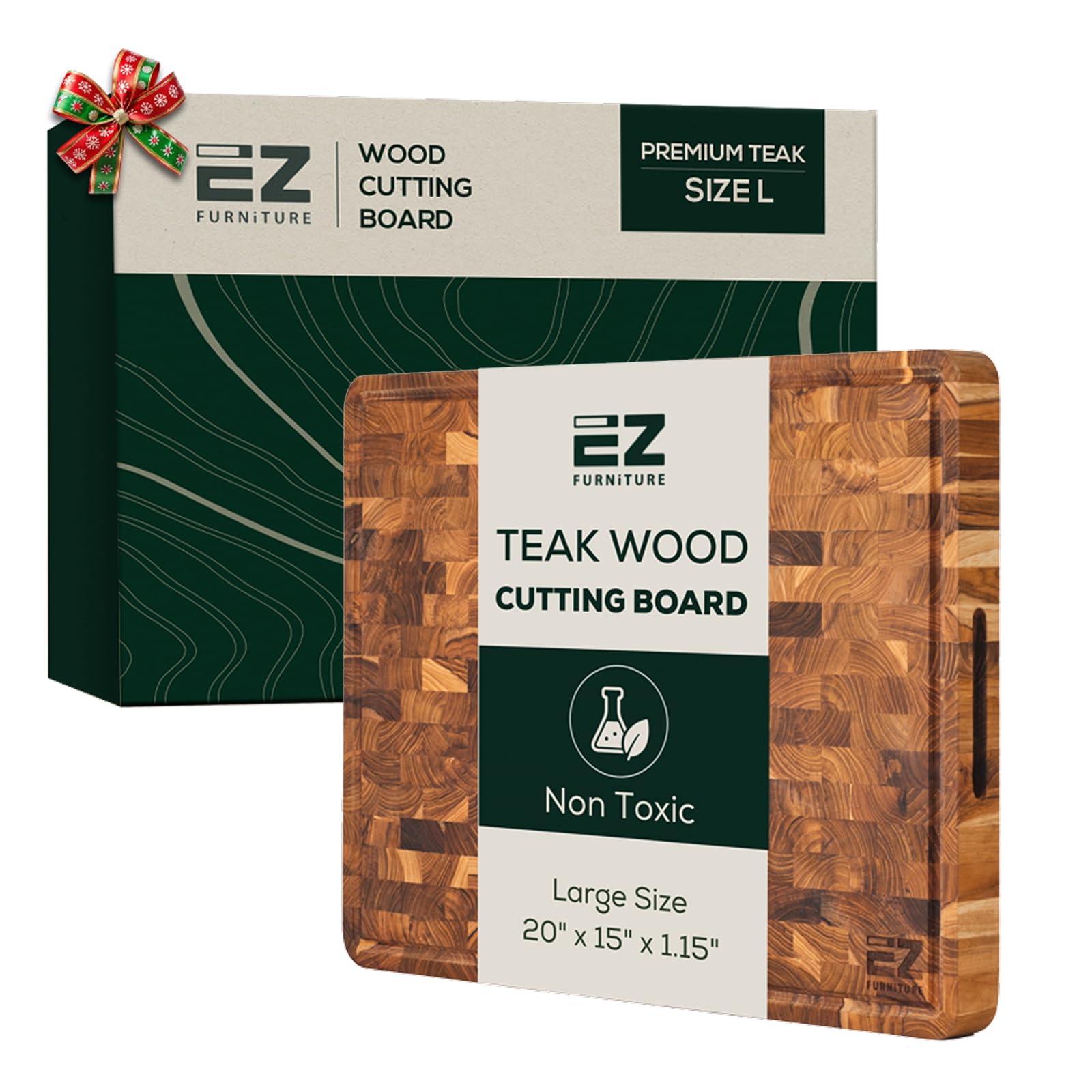 EZ FURNITURE Teak Wood Premium Cutting & Serving Board, Knife Friendly, Non-Toxic, Pre-Oiled End Grain with Juice Groove & Handles (L 20" x 15" x 1.5", 11.90 lbs)