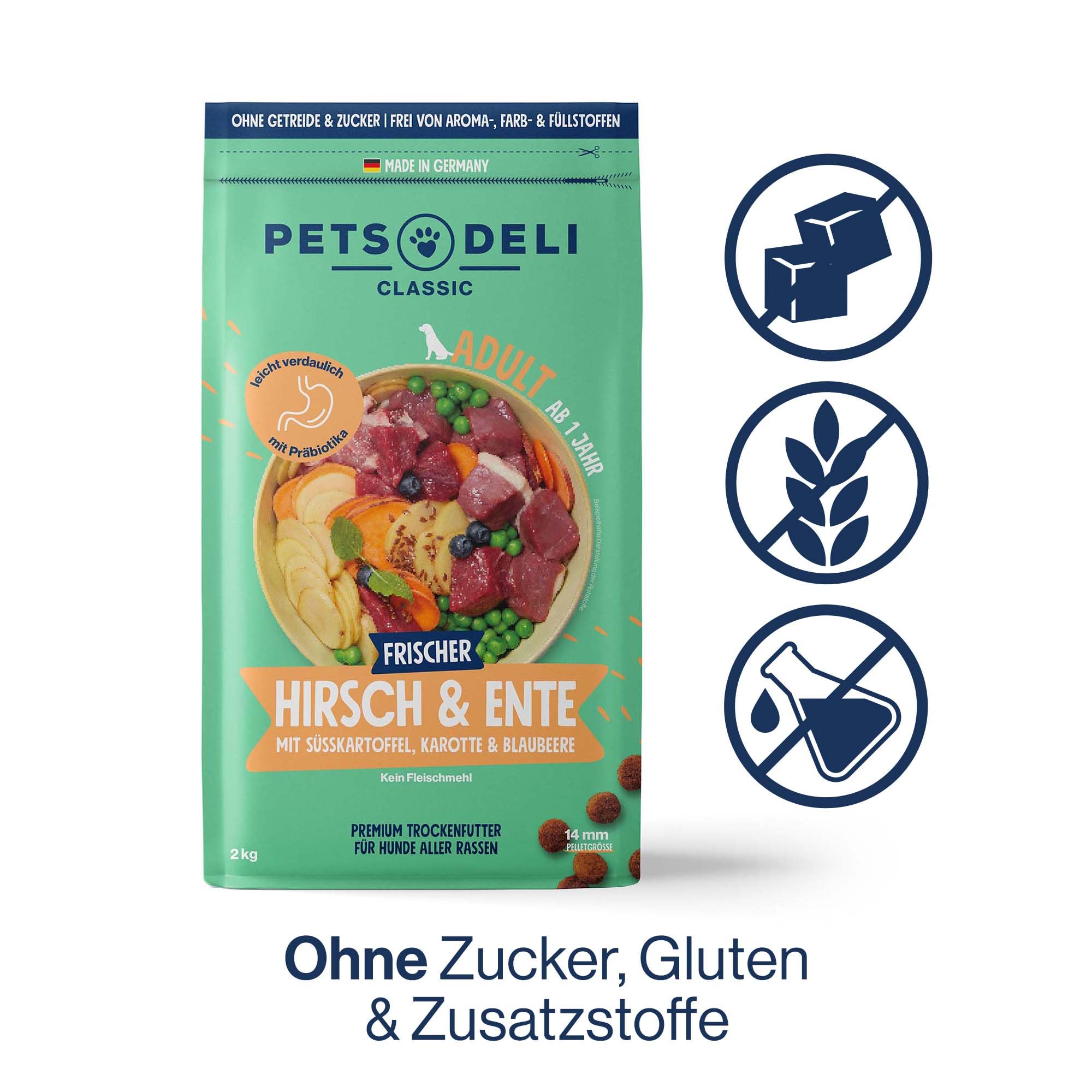 Pets Deli Classic Hunde Trockenfutter Hirsch, Ente & Süßkartoffel, leicht verdaulich, getreidefrei, ohne Zucker, 2 kg, Premium Qualität