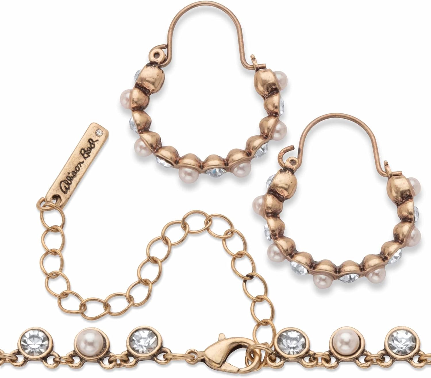 PalmBeach Jewelry Goldtone Round Crystal and Simulated Pearl Bezel Set Necklace and Hoop Earring Set, 18 inch plus 3 inch extension