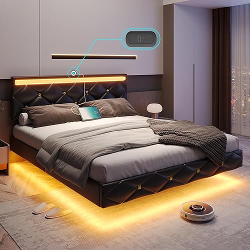 DICTAC Base de cama flotante tamaño matrimonial con cabecera y puertos de carga, moderna cama flotante visual completa con luces LED, plataforma