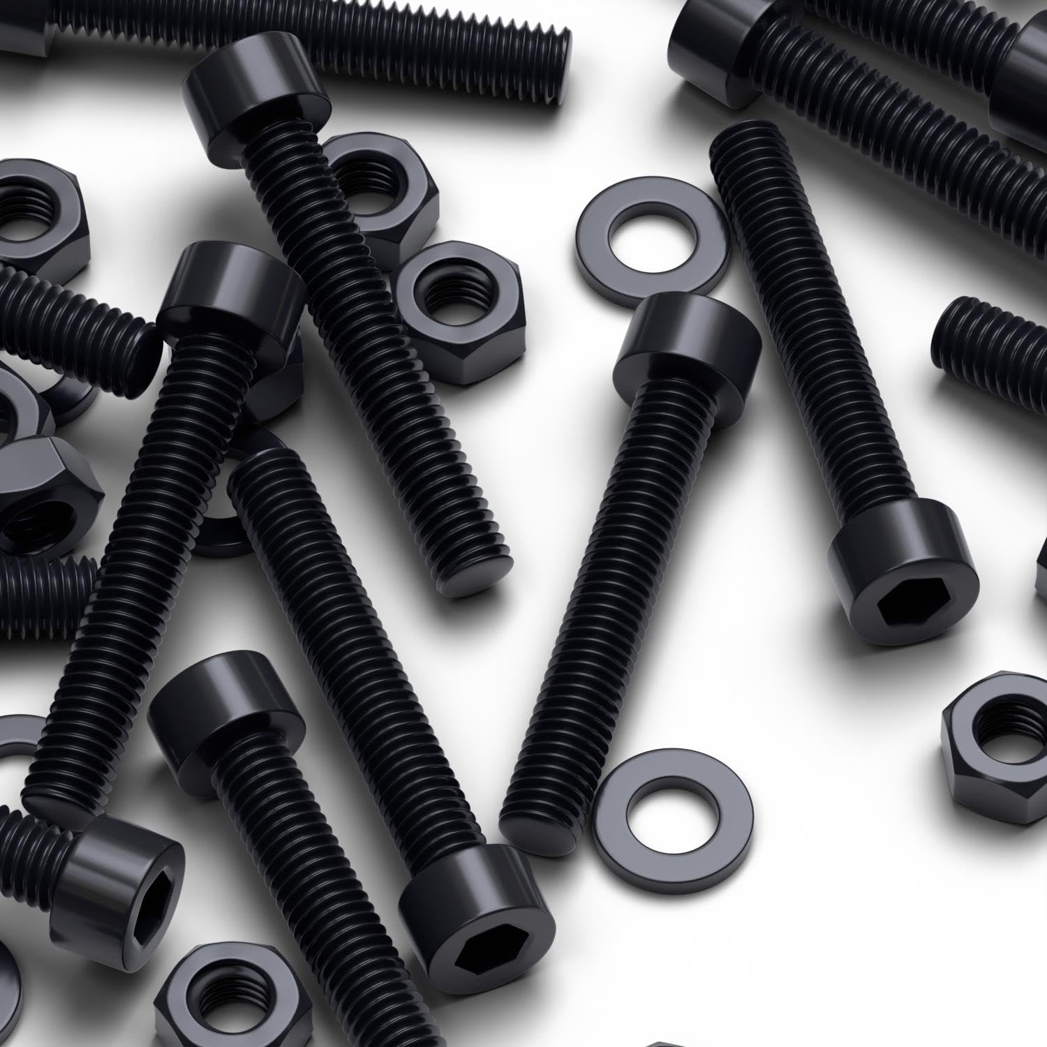 50 x Black Nylon Socket Head, Plastic Machine Screws, M6 x 40mm, Plastic Bolts, Nuts & Washers, (15/64 x 1-37/64 in)