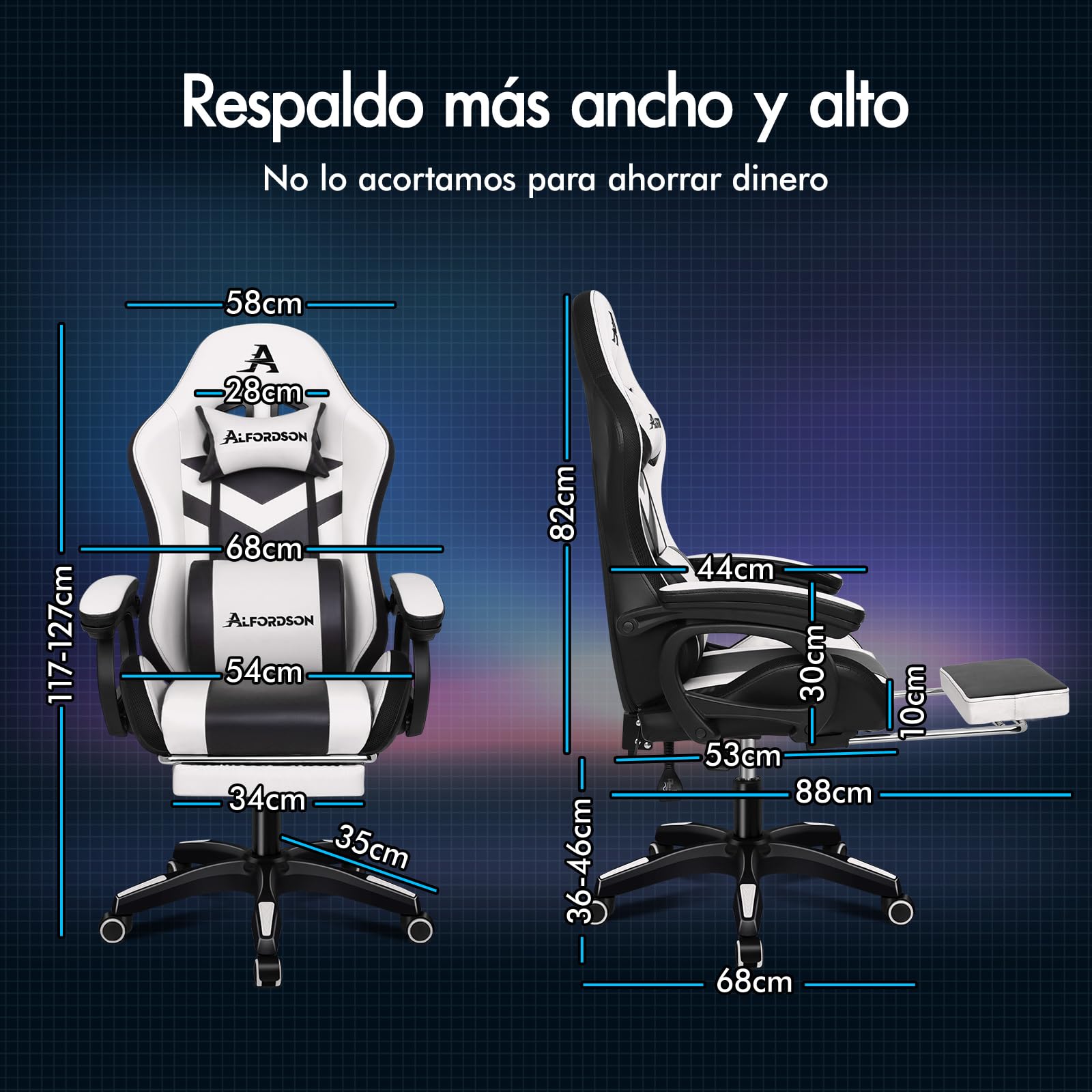 ALFORDSON LED Silla Gaming, Silla Gamer con Masaje de 8 Puntos, Silla de Ordenador Ergonómico con Iluminación RGB con Soporte Lumbar y Reposacabezas, Altura Ajustable, Blanco