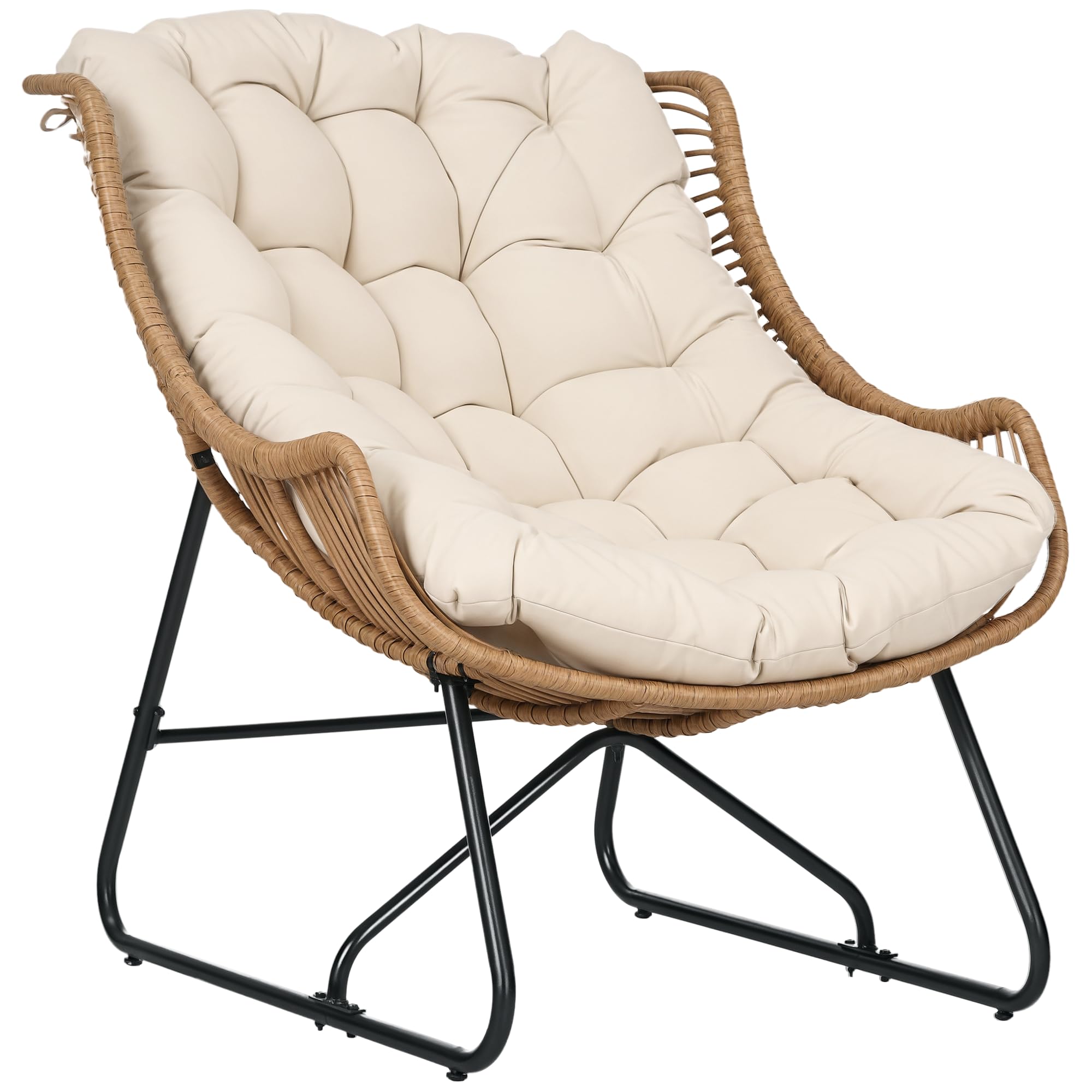 Outsunny Rattansessel mit Dicke Kissen Bänder Stahlrahmen, gepolsterter Outdoor Sessel aus Polyrattan, Korbsessel bis 120kg, Gartensessel Gartenstühle für Garten Balkon Veranda Terrasse Khaki