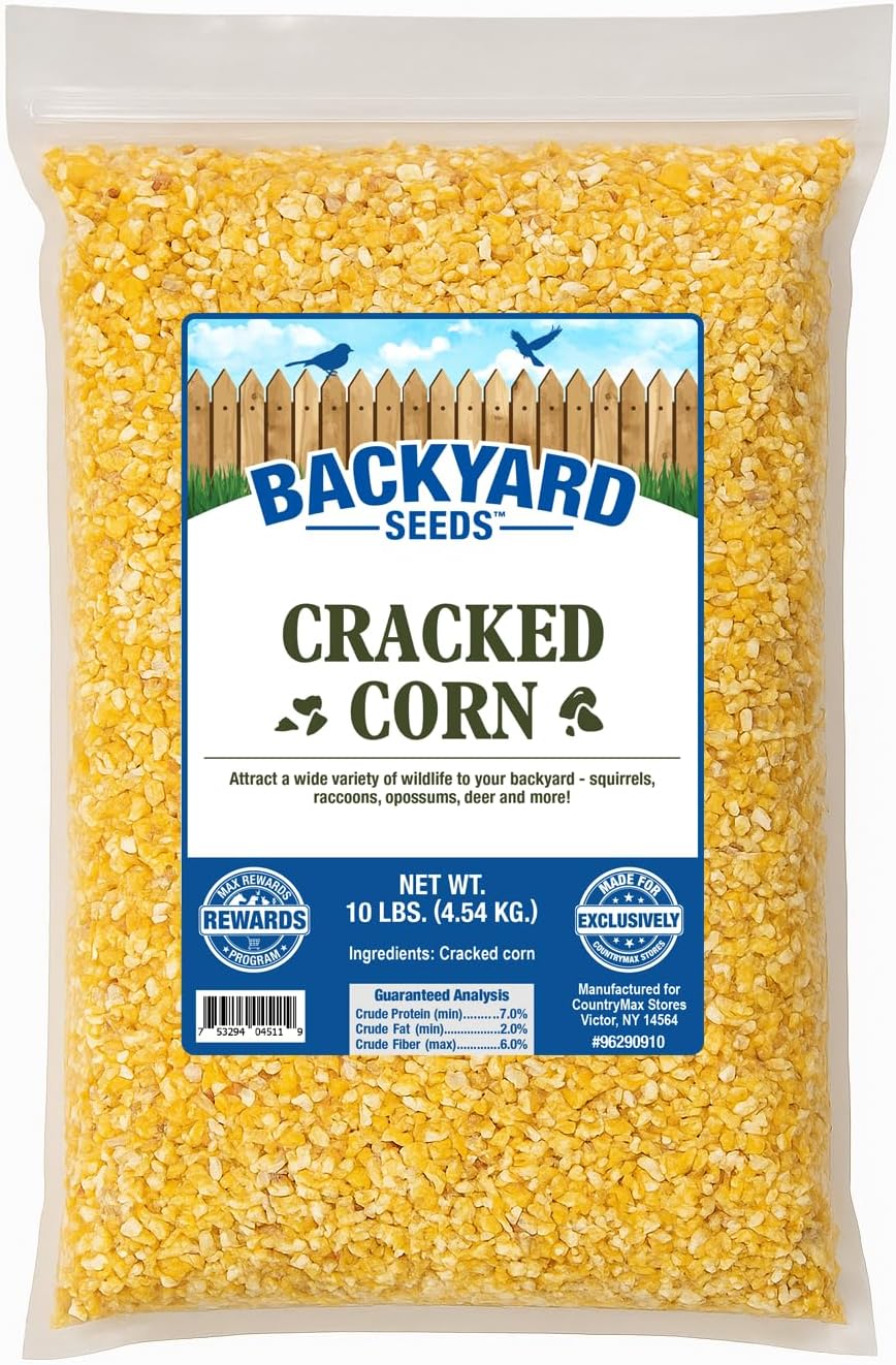 Backyard Seeds Cracked Corn 10lbs - High-Energy Animal Feed for Chickens, Squirrels, Deer & Wild Birds, Ground Feeding, High Protein