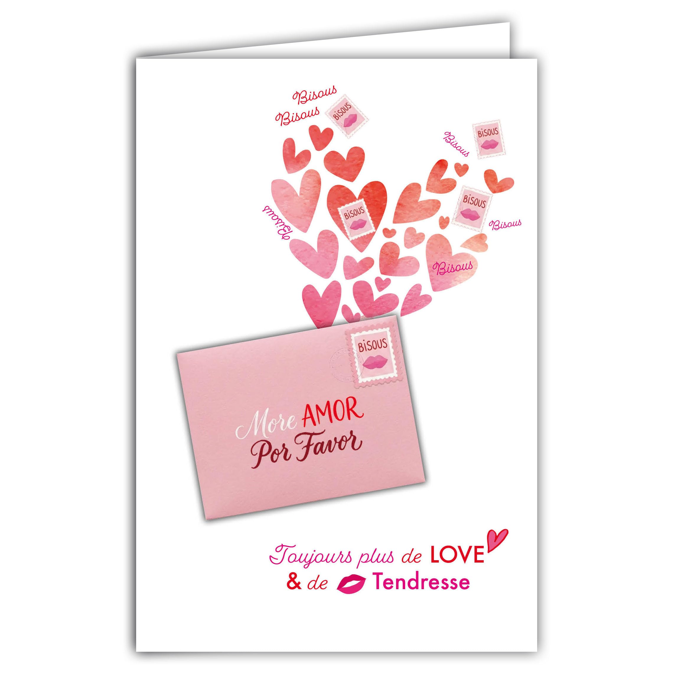 69-4516 More AMOR Card "Always More Love and Tenderness Kisses Hearts" Love Letter I Love You Valentine's Day or Congratulations with Envelope 12 x 17 cm Made in France
