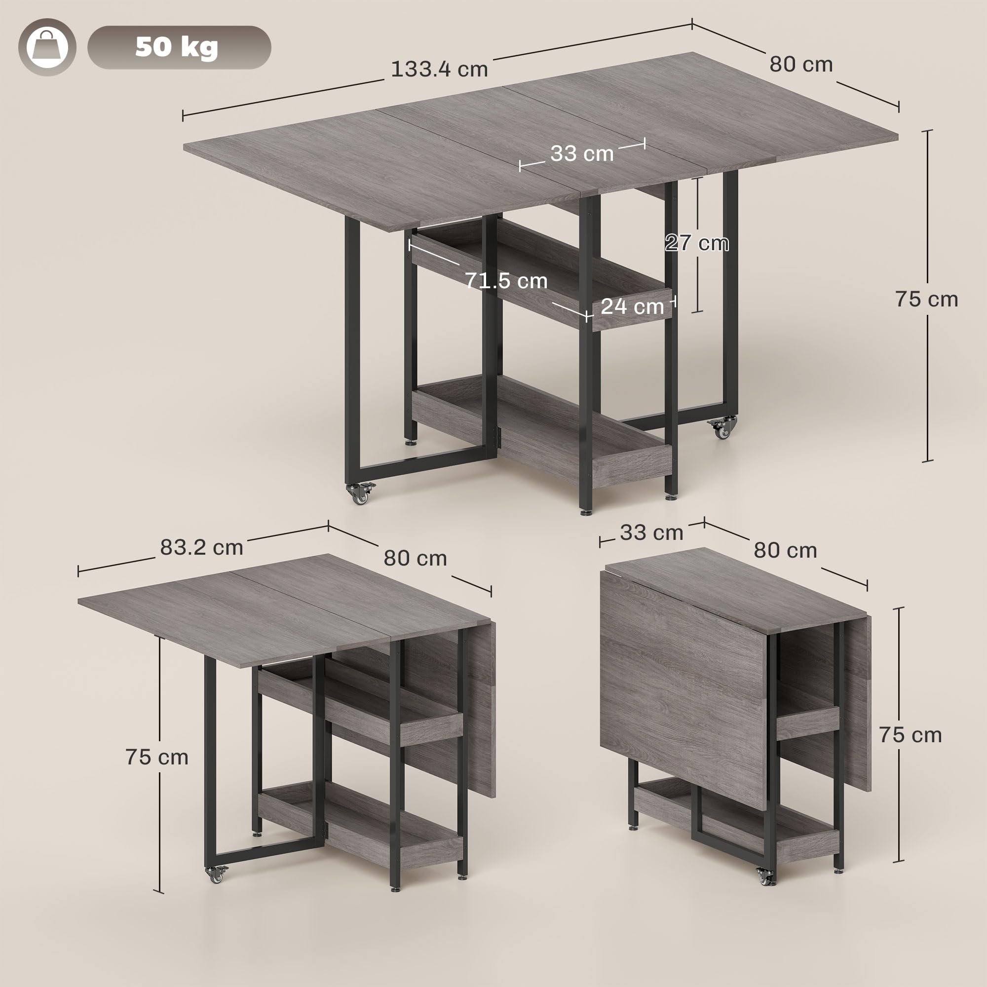 HOMCOM Tavolo da Pranzo Pieghevole, Tavolo Cucina a Ribalta con Ruote per 4 Persone, Scrivania Richiudibile Salvaspazio con 2 Ripiani Aperti, Ideale per Soggiorno, Ufficio, 133.4x80x75 cm, Grigio