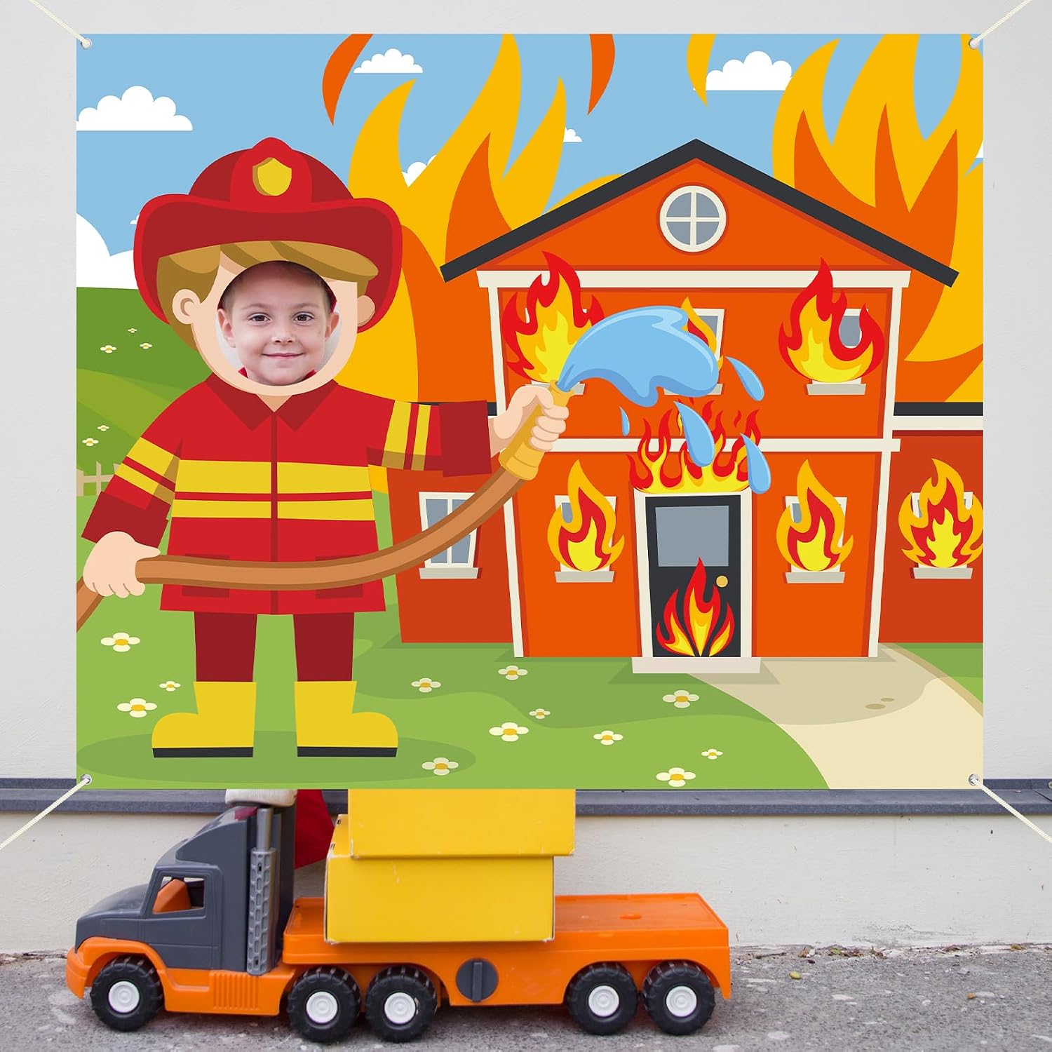 Fire Party Decorations Firefighter Photo Prop Selfie Frame Birthday Decorations Fireman Backdrop Firefighter Firetruck Photo Booth Props Hanging Banner for Kids Baby Shower Birthday Party Supplies