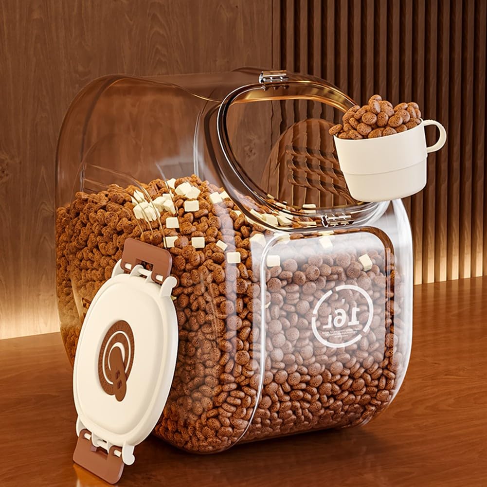 FACAIIO Bac à riz transparent de grande capacité avec minuterie de fraîcheur, récipient à céréales hermétique avec tasse à mesurer, marron