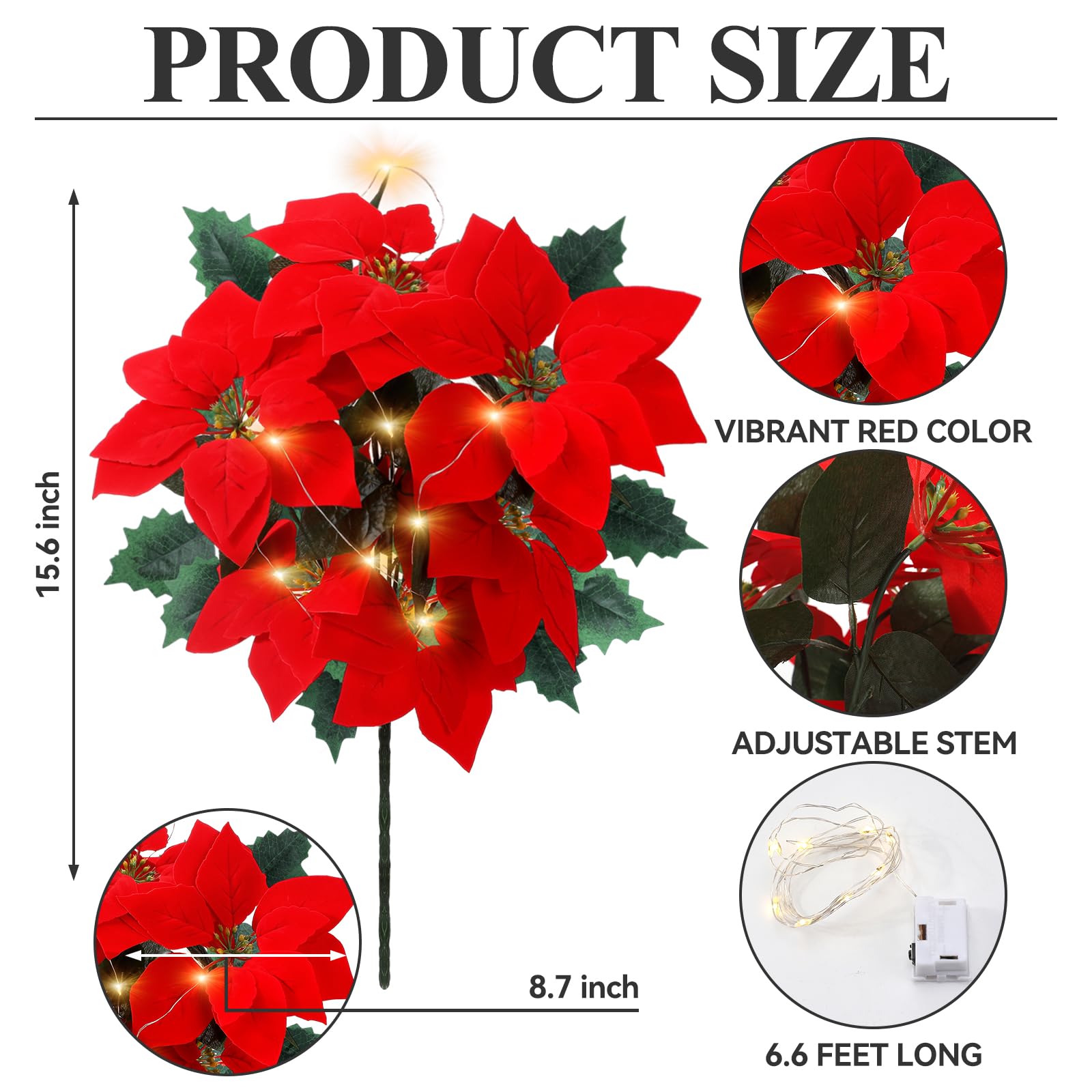 Lot de 12 fleurs de poinsettia artificielles lumineuses de Noël en vrac, 40 cm, 7 tiges artificielles en velours rouge pour intérieur et extérieur, décoration de sapin de Noël, maison, porche