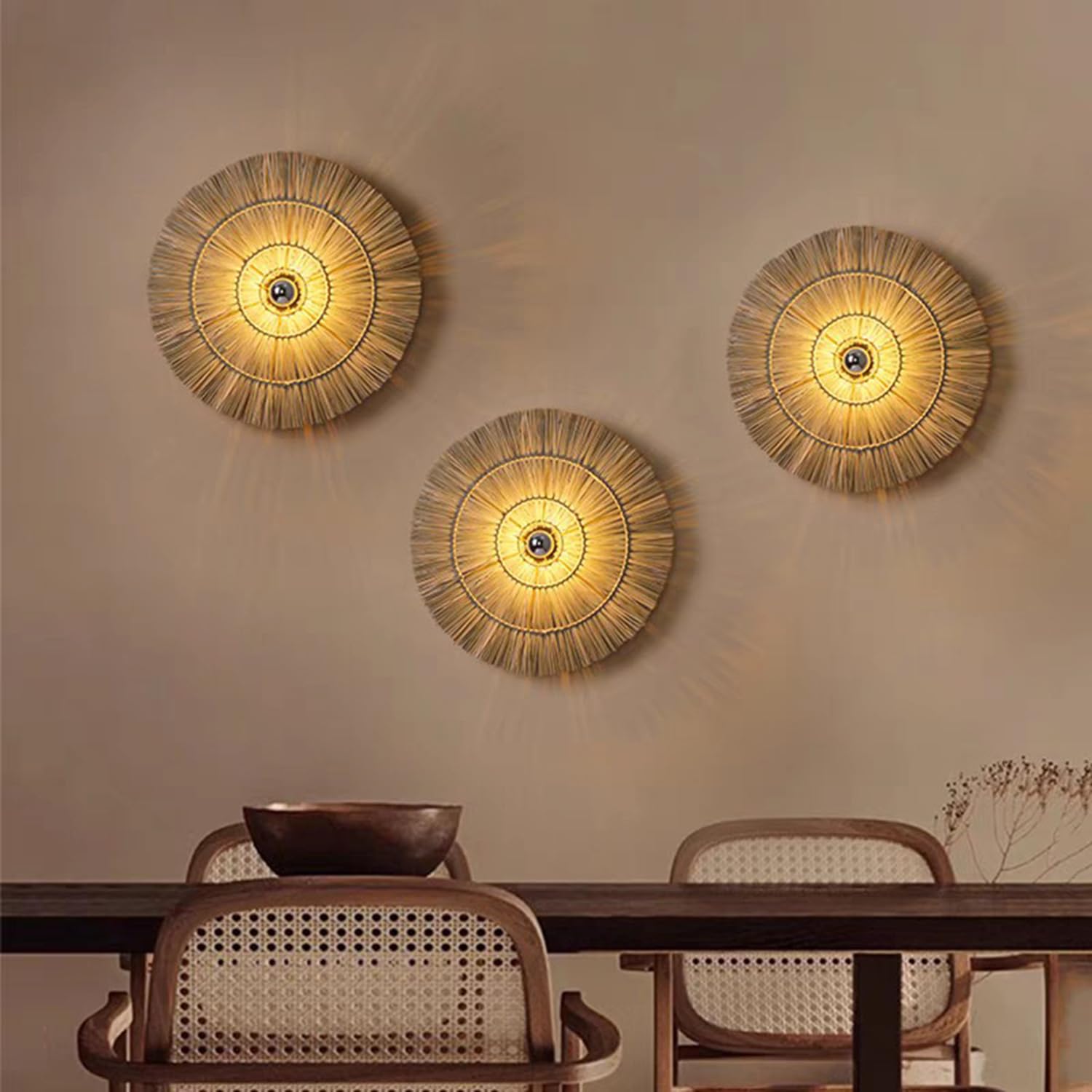 Boho Kinkiet okrągły 40 cm Rustykalny kinkiet wewnętrzny z ręcznie tkanym abażurem E27 Vintage Lampa Lampka nocna Kinkiet 3000K Ciepłe światło do sypialni, salonu, przedpokoju