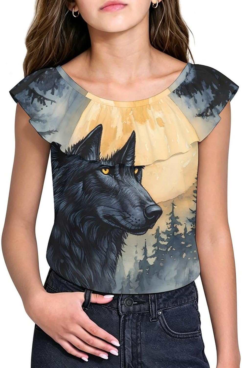 Black Wolf Full Moon Girls T-Shirts Top Ruffle Short Sleeve Blouse Casual Graphic Tees