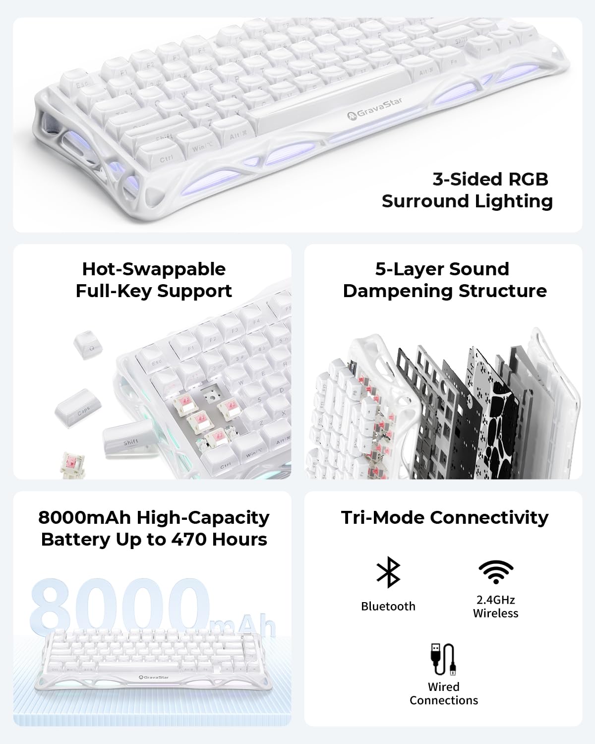 GravaStar Mercury K1 klawiatura mechaniczna z aluminiową ramą, 75% bezprzewodowa klawiatura gamingowa Hot Swap Custom Keyboard z przyciskiem, Gasket,klawiatura RGB Tri-Mode, nasadki klawiszy PBT, 8000
