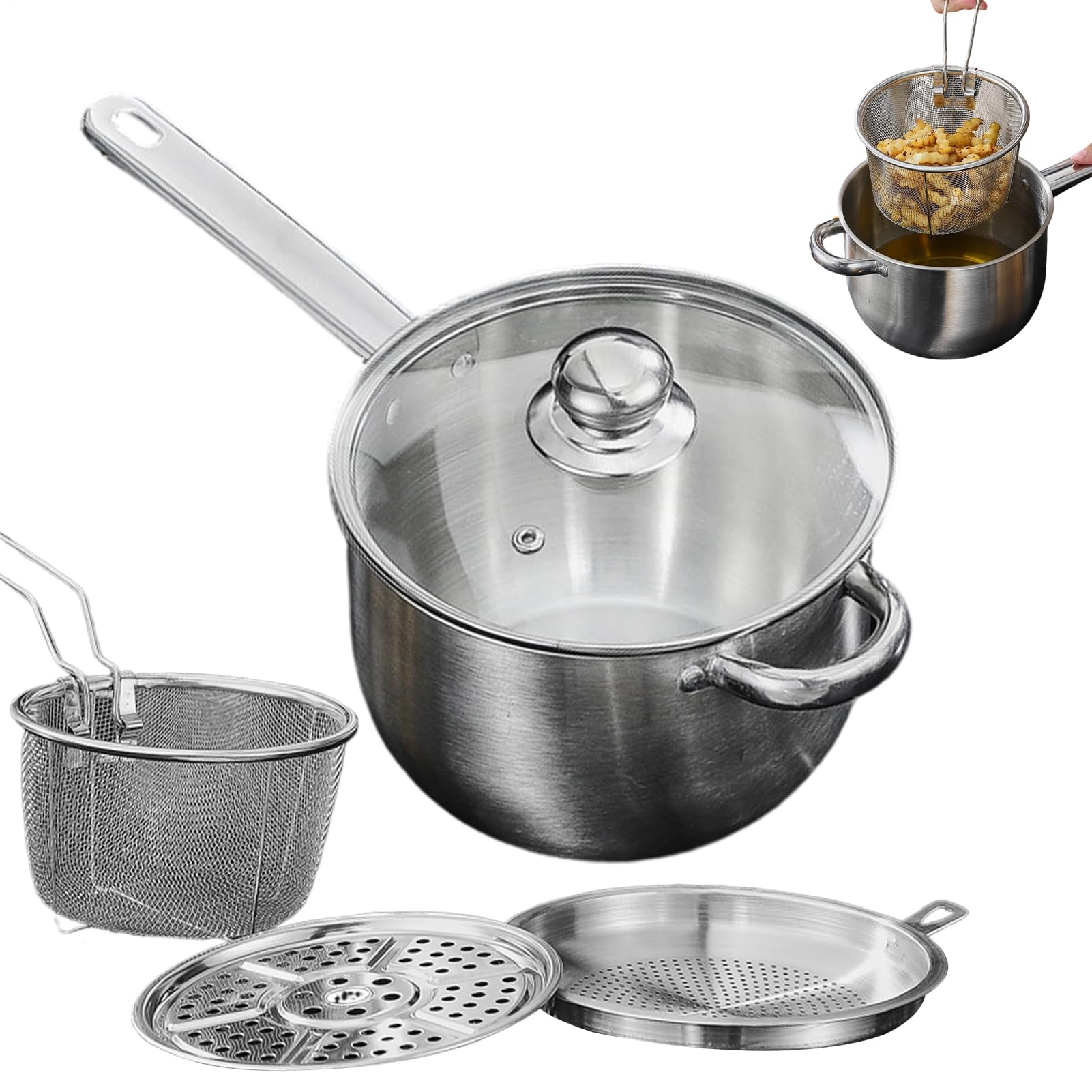 Olla para Freír con Cesta Mango Largo y Tapa Transparente | Freidora de Encimera con Cesta Para Cocinas Eléctricas, Vitrocerámicas y de Gas, Mariscos, Pollo y Preparación de Comidas