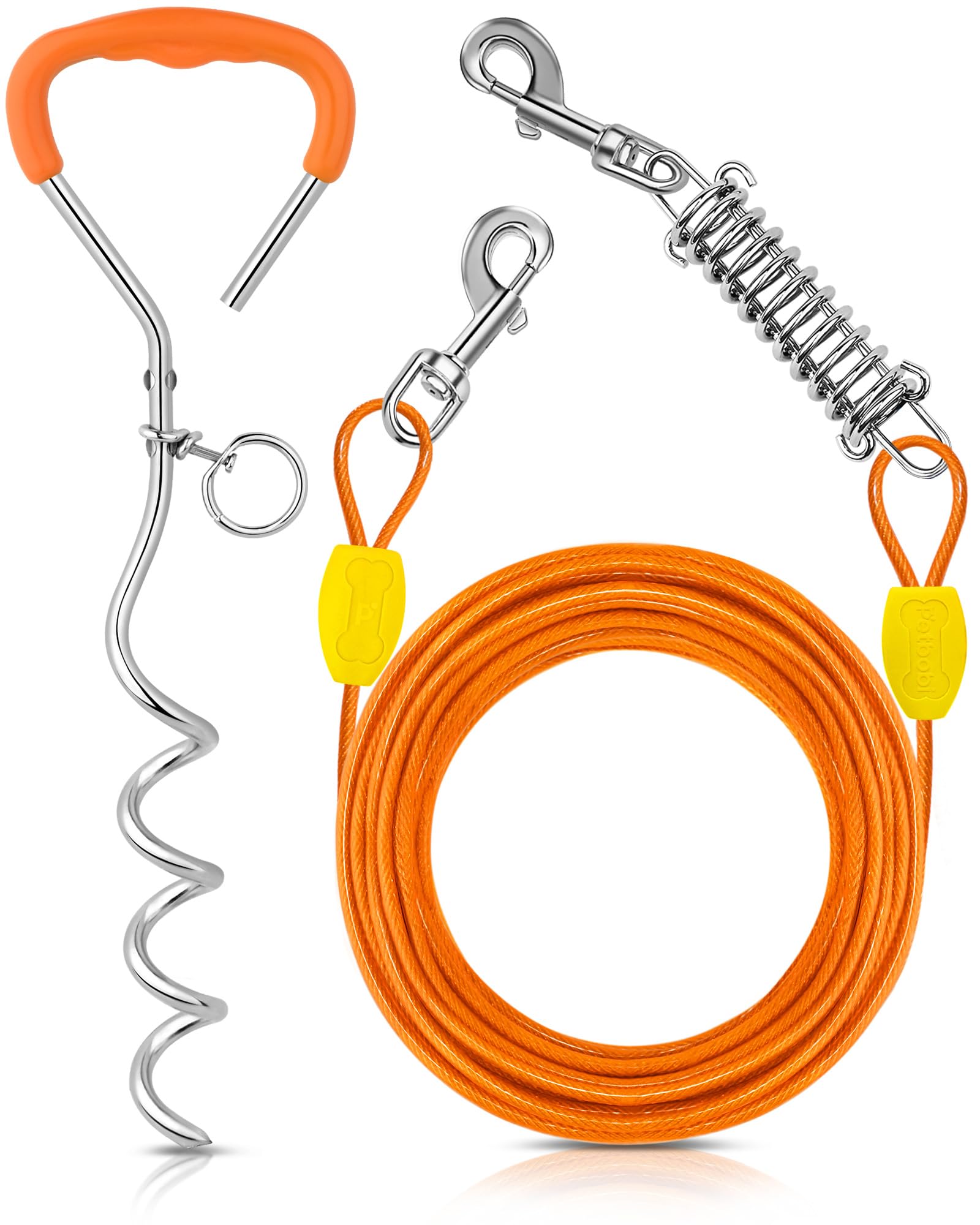 Petbobi Dog Tie-Out Cable and Stake - 30ft Heavy Duty Cable with Spring, No Tangle, 16in Ground Stake, Ideal for Yard, Camping and Beach, Suitable for Small Medium Large Dogs Up to 120 lbs, Orange