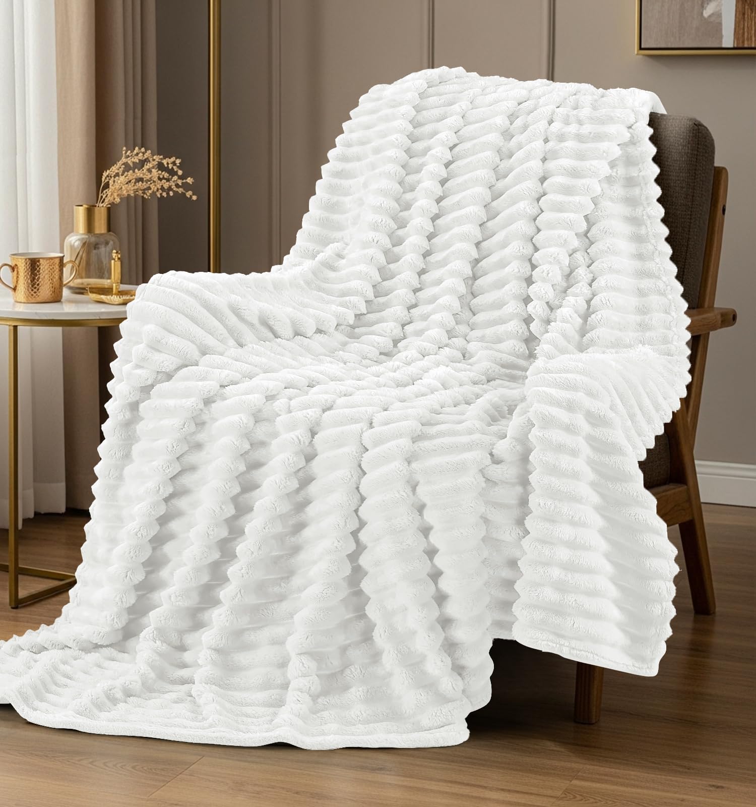Utopia Bedding Striped Fleece Throw Blanket For Sofa – Fluffy Cosy Warm Ribbed Blanket For Bed & Chair, Soft Lightweight Gift Throw (Off White, 127x152 cm)
