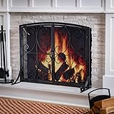 Plow & Hearth Metal Fireplace Screen Florence Black | 38" W x 31" H | Dual Magnetic Hinged Doors | Spark Guard Cover | Stand Alone Wrought Iron Panel Fire Place Cover