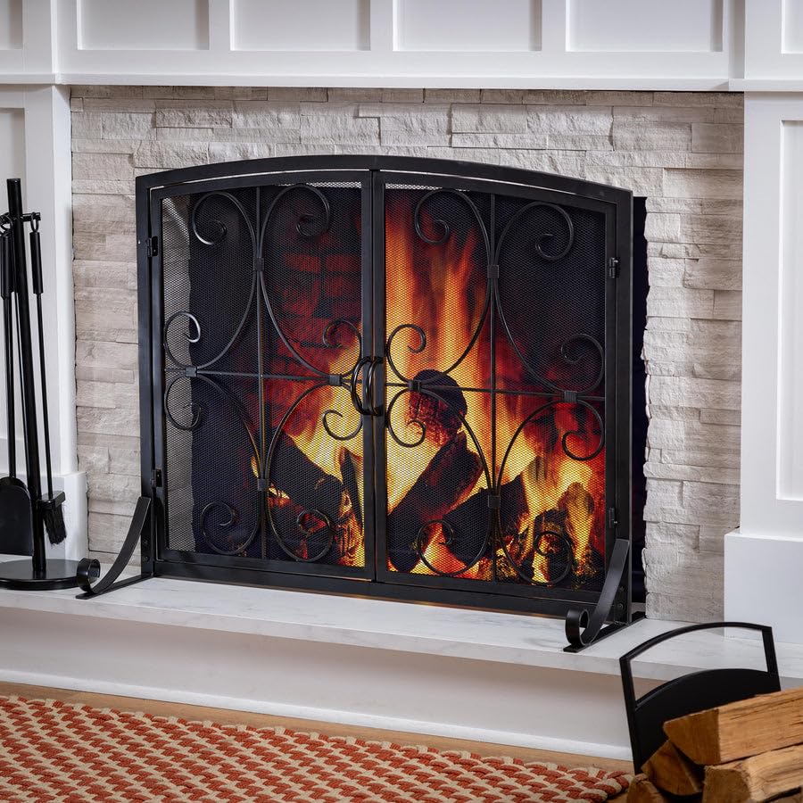 Plow & Hearth Metal Fireplace Screen Florence Black | 38" W x 31" H | Dual Magnetic Hinged Doors | Spark Guard Cover | Stand Alone Wrought Iron Panel