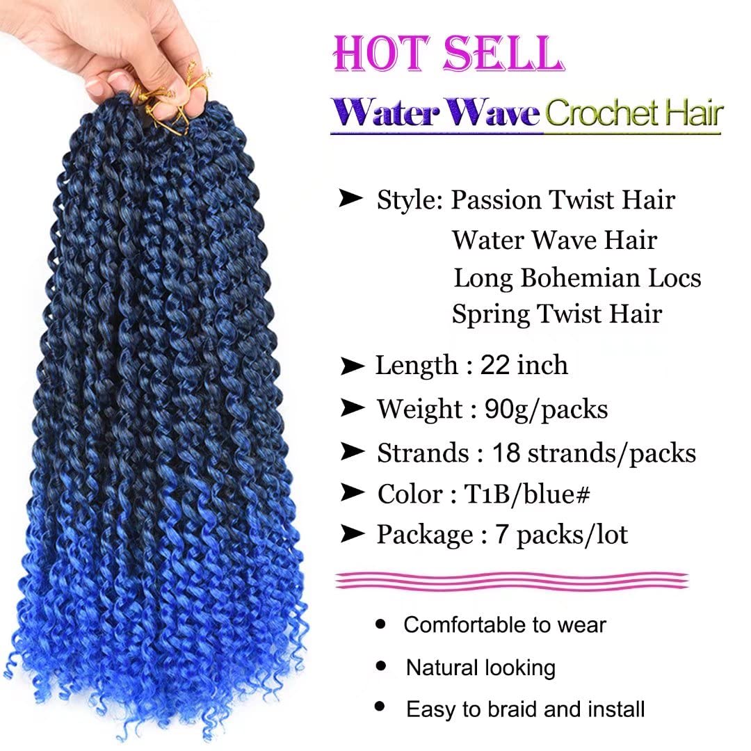 22inch Blue Water Wave Crochet Hair for Butterfly Soft Locs 7 Packs Ombre Blue Passion Twists Hair Synthetic Crochet Hair Long Bohemian Locs Braiding Hair Extensions (22" 7packs T1B/blue#)