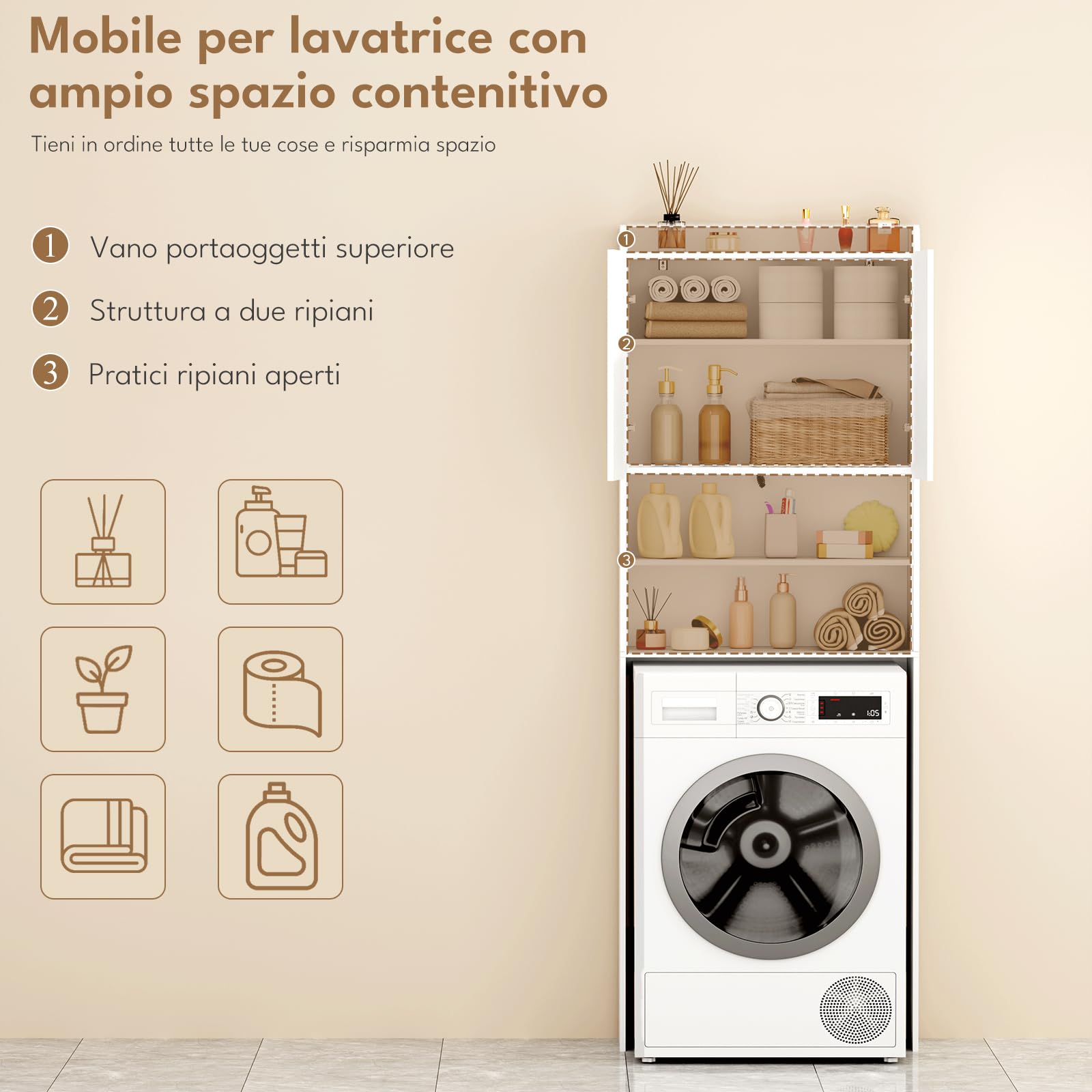 BEWISHOME Mobile per Lavatrice,Mobile Alto da Bagno da Installare Sopra Lavatrice,WC o Asciugatrice,con 2 Ante,2 Vani Aperti,Ripiani Regolabili,Mobile da Bagno salvaspazio,185×65×24 cm,Bianco EYYG19W