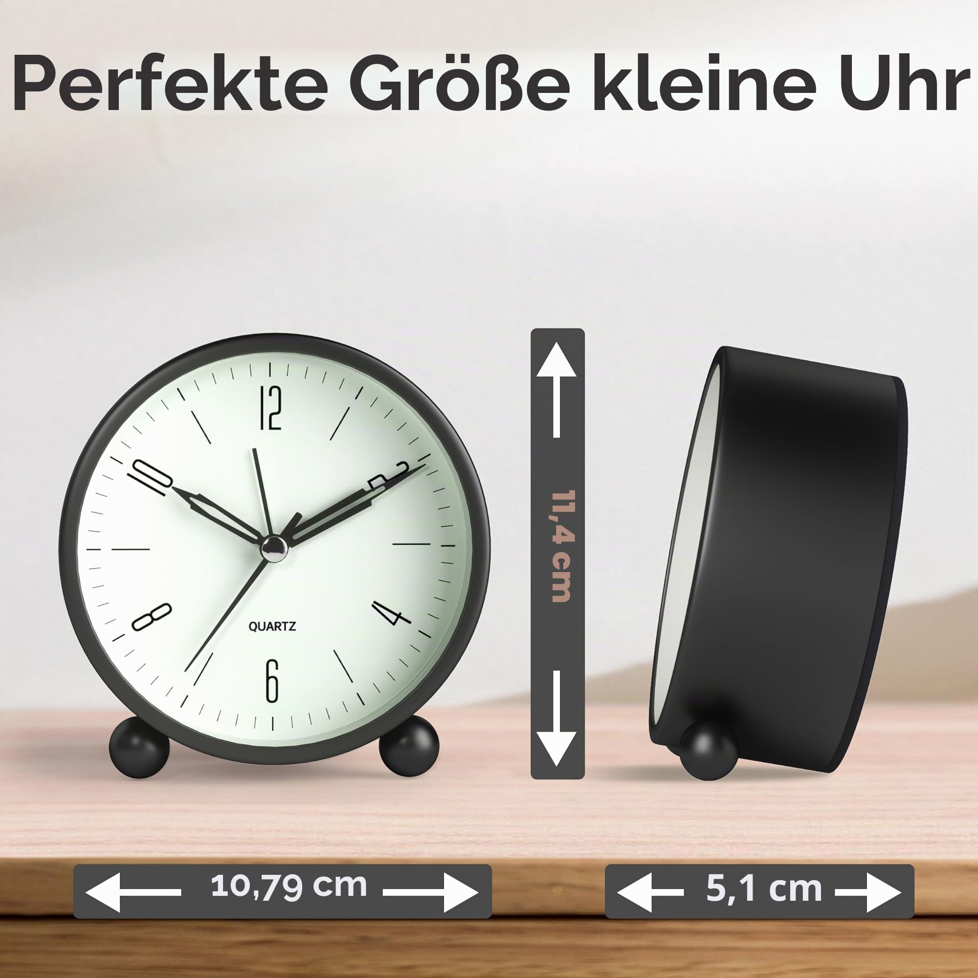 4 Zoll Analogwecker, super leise kein ticken, kleine Nachttischlampenuhr batteriebetrieben, einfaches Design, für Nachtbett, Büro, Schwarz