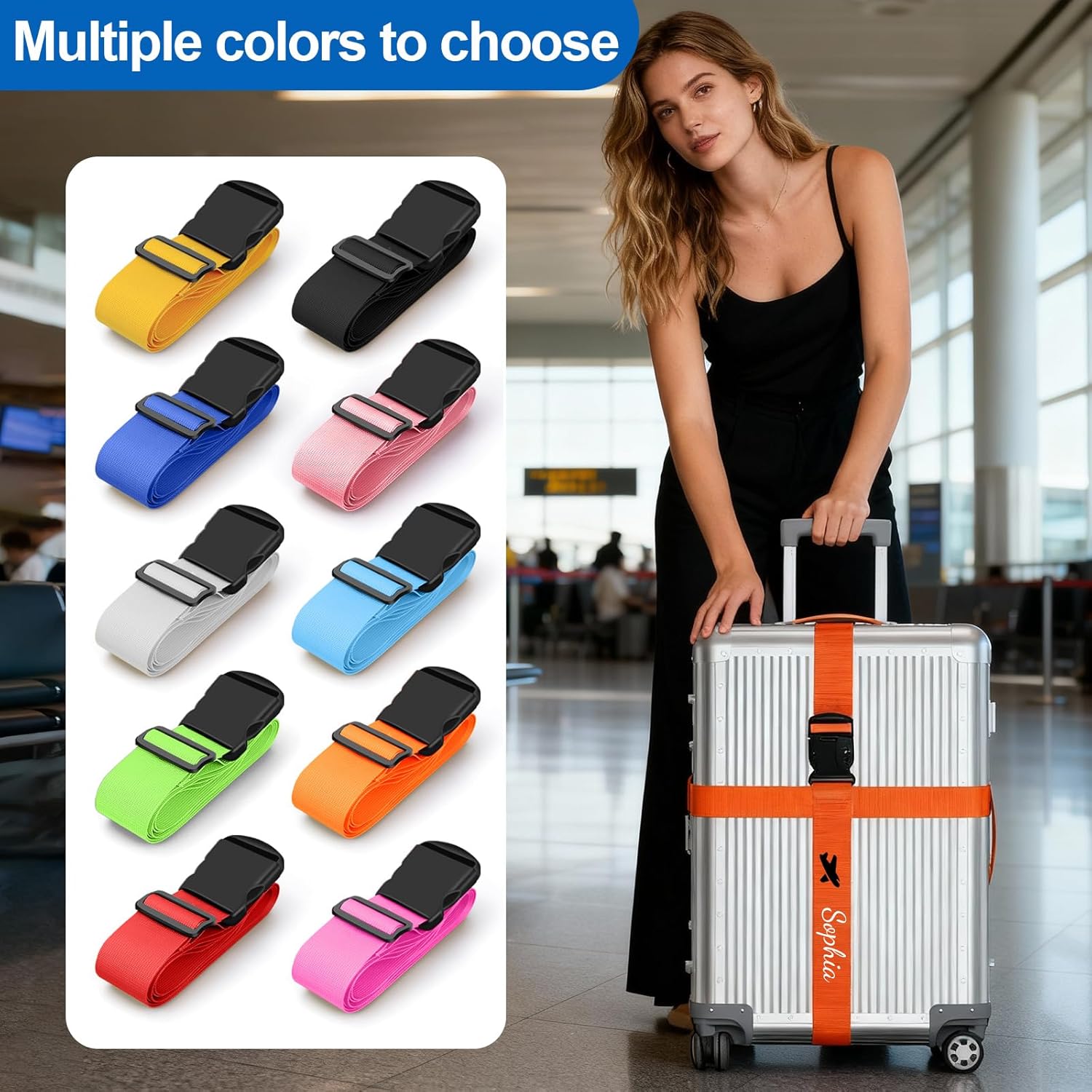 Personalised Luggage Straps for Suitcases, Suitcase Straps with Buckles Travel Luggage Belt with Embroidered Name, Luggage Tag Suitcase Identifier, Case Strap for Suitcase (Ordinary Buckle, 6-Pack)