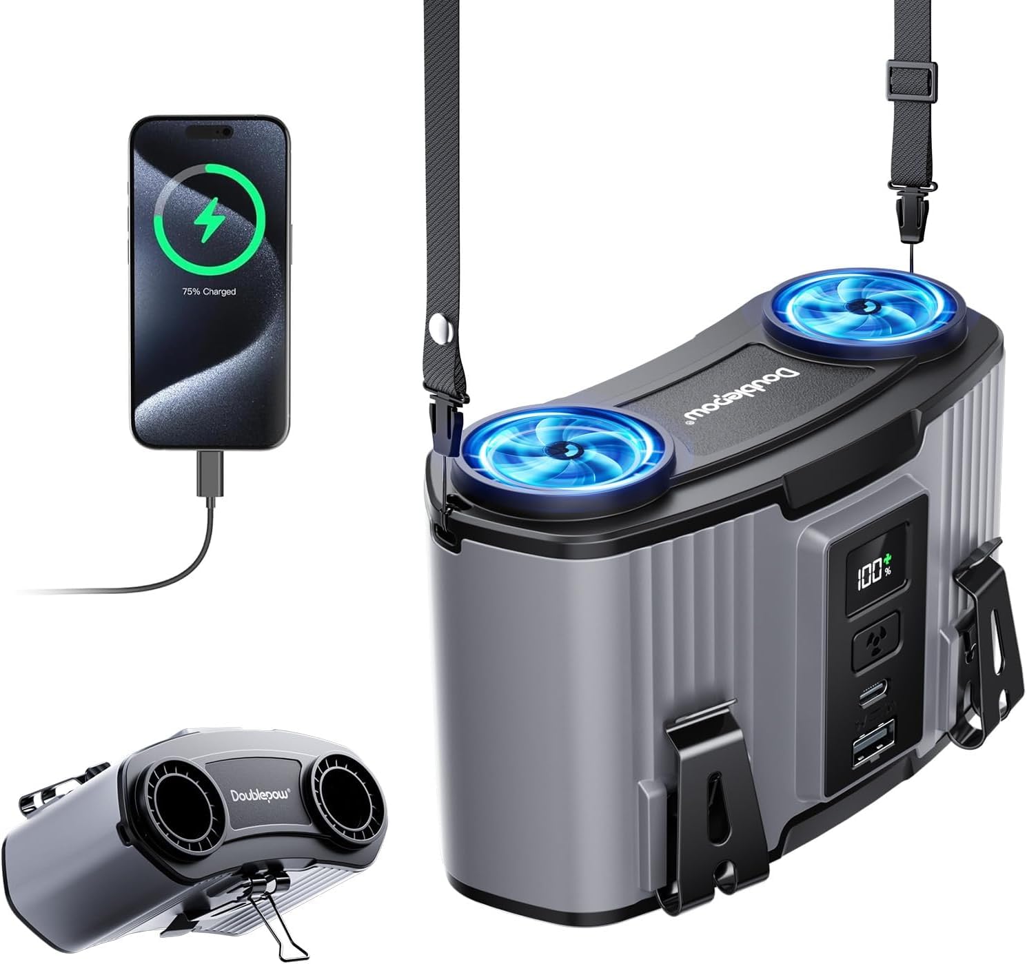 24000mAh Portable Waist Fan, Personal Fan, Dual Air Ducts Motors, Rechargeable Clip On Belt, 10 Speeds & 45H Wearable Neck Cooling Heatstroke Prevention, for Outdoor, Travel, Phone Power Bank