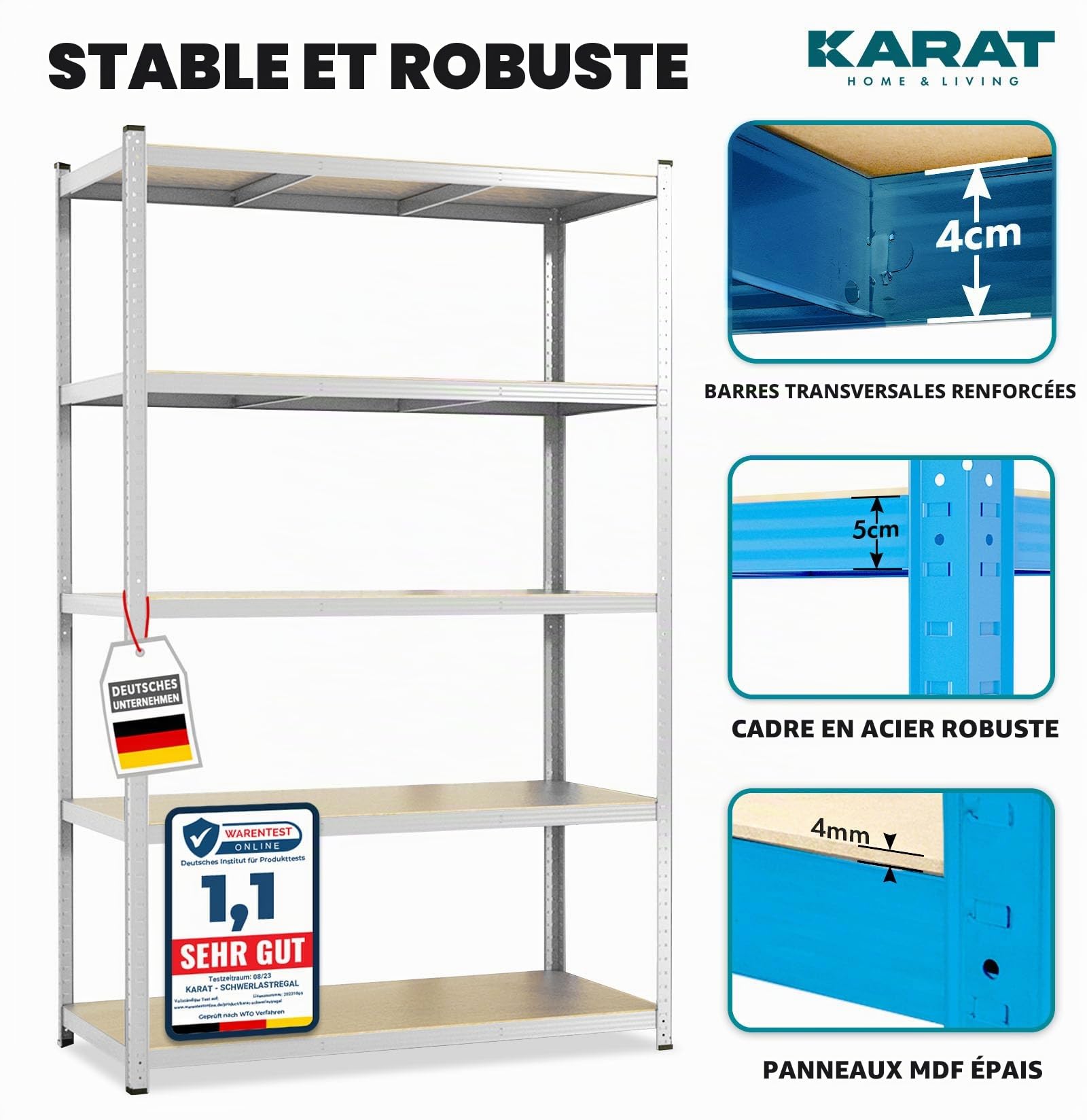 KARAT Étagère pour Charges Lourdes - 180 x 90 x 60 cm - en Acier et métal - - 5 tablettes réglables (galvanisée)