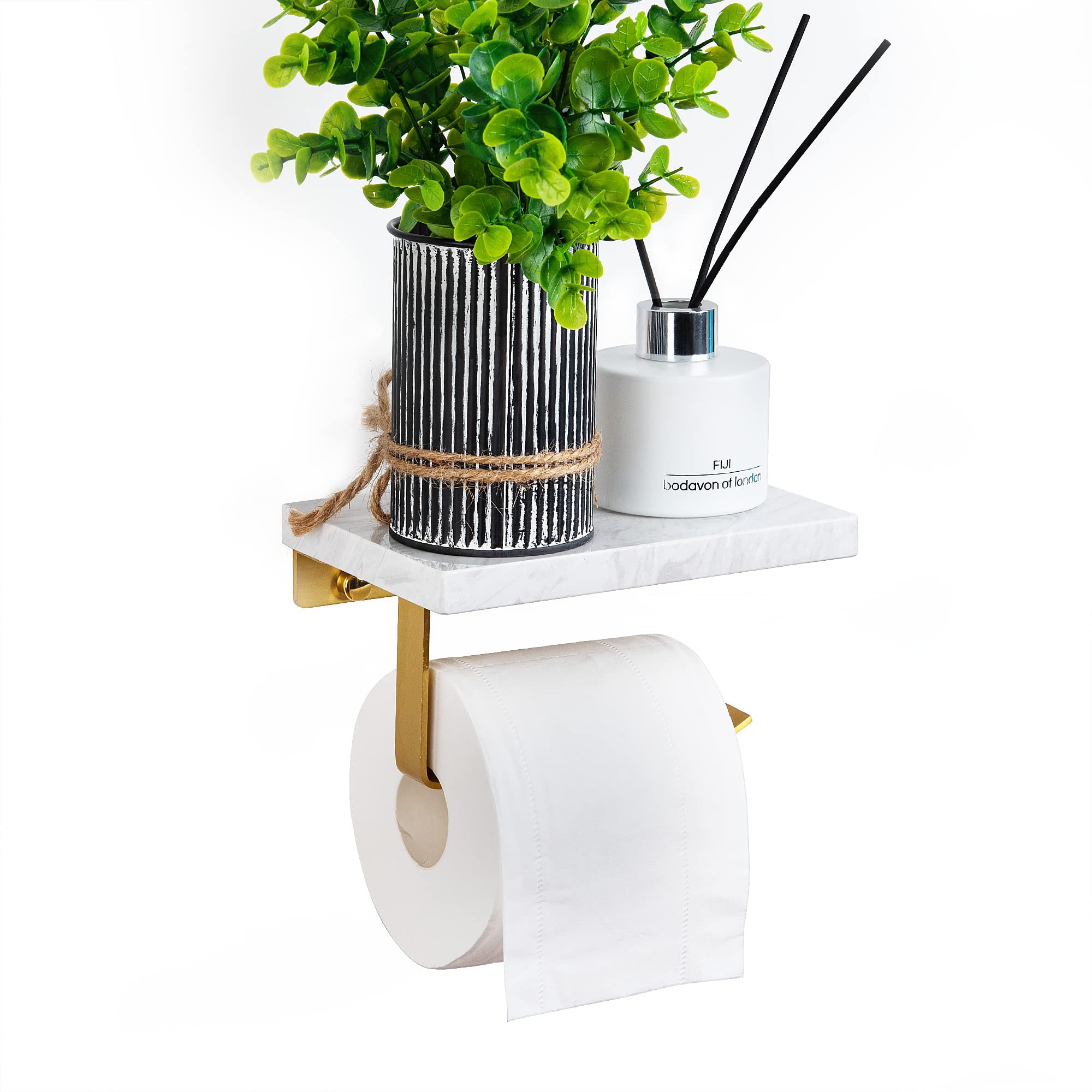 Toilet Paper Roll Holder Wall Mount with Shelf, Marble Brushed Gold Tissue Holder for Bathroom, Toilet Paper Holder with Storage, Toilet Paper Holders