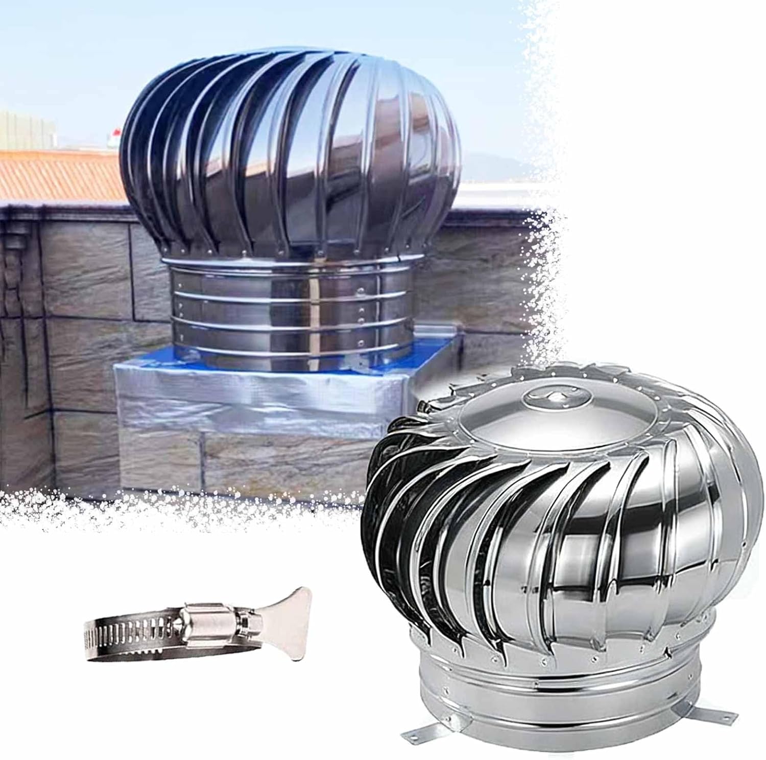 200mm/8in, Stainless Steel Turbine Roof Ventilator, 304 Grade Metal Wind Turbine Cap, Attic Exhaust Vent, Rainproof Silent Operation,Unpowered Rotation Roof Ventilator with Clamps,Easy to Install