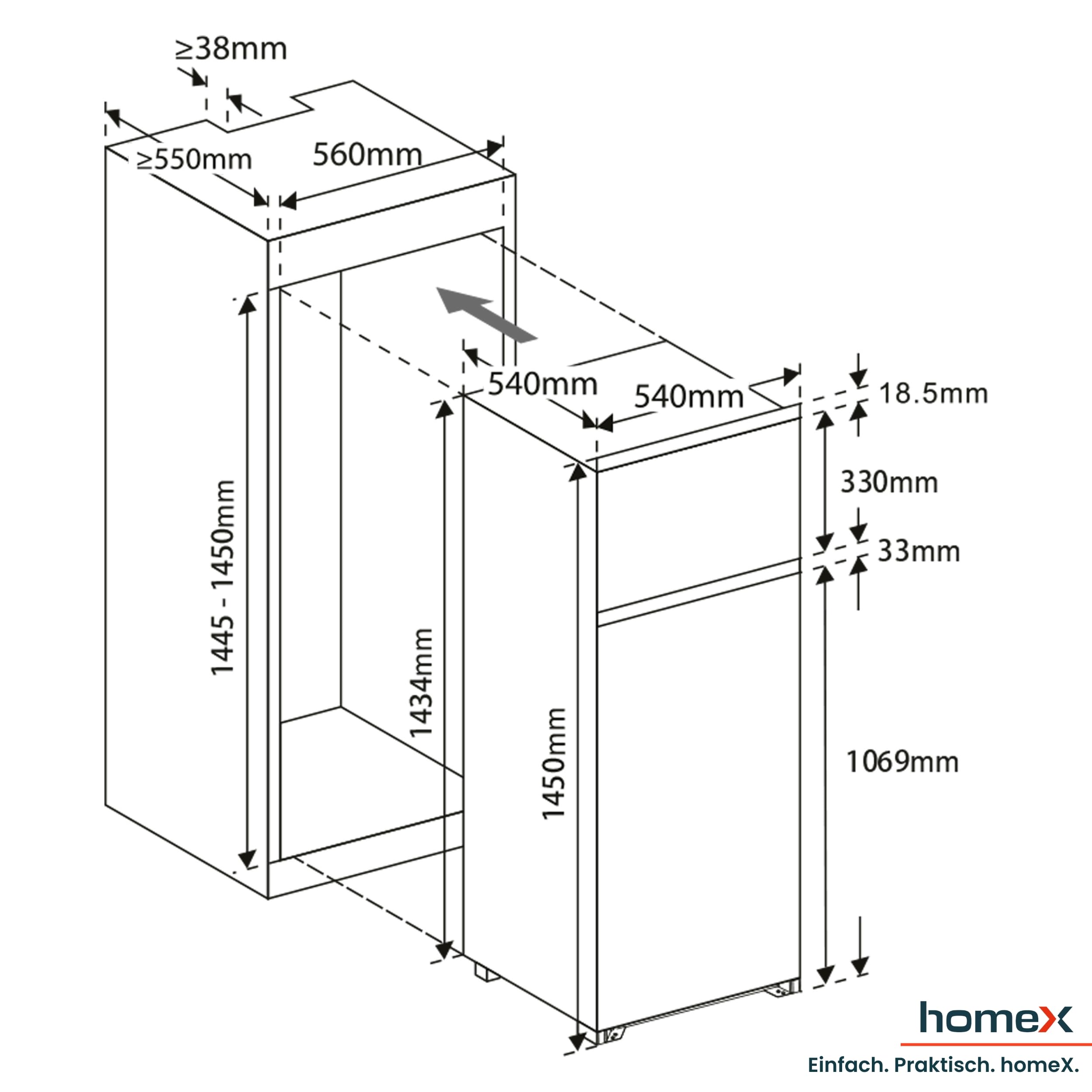 homeX CFB2051E Einbaukühlschrank mit Gefrierfach 145cm Nische 205 Liter | Einbau Kühl Gefrierkombination, Schlepptürtechnik, LED-Beleuchtung, leise 37 dB, Türanschlag wechselbar, 4-Sterne Gefrieren