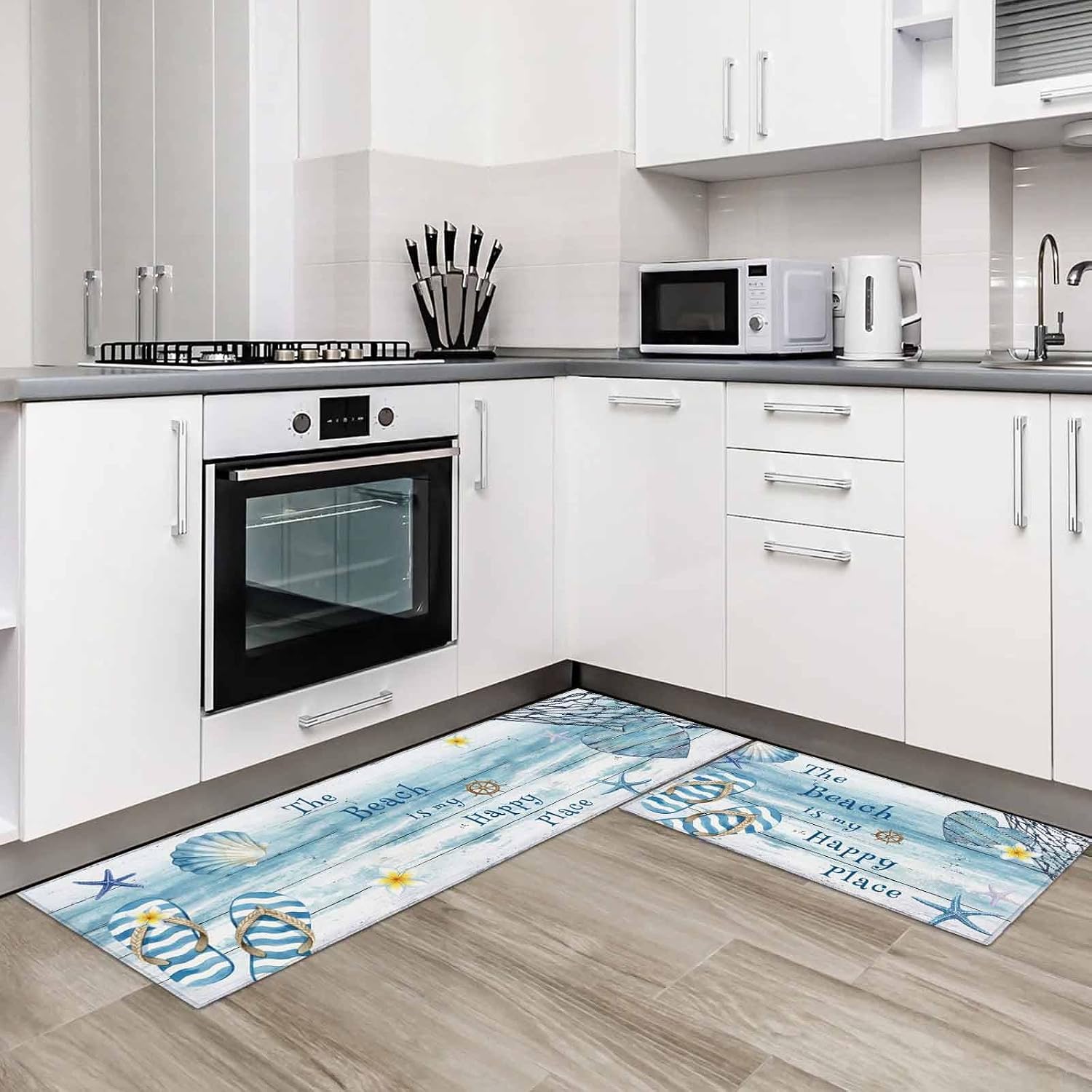 Kitchen Mats for Floor Seaside Slipper Starfish Wood Board Washable Non Slip Kitchen Rugs 2PCS, Summer Beach Blue Theme Absorbent Standing Mats for Sink Bathroom Office 15.7x23.6in+15.7x47.2in