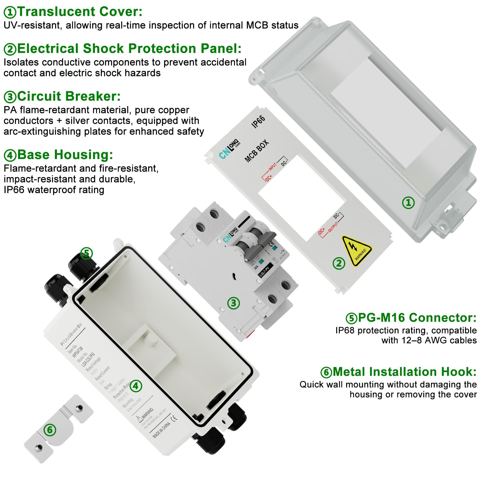 CNLONQ DC Trennschalter PV Anlage 32A 1000V Sicherungsautomat 2polig IP66 Wasserdicht mit PG Stecker und Metallhaken für Solarmodule, Einspeisesteckdose und Balkonkraftwerk
