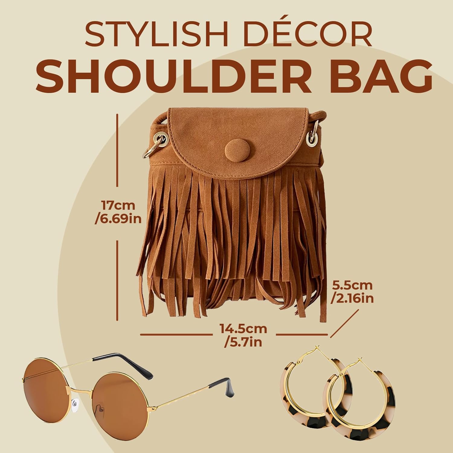 70s Outfit Women's Set with Fringe Shoulder Bag, Sunglasses and Earrings, Boho Clothing Women's Accessories, Cowgirl Outfit for Festival, Carnival, Hippie Clothing Women