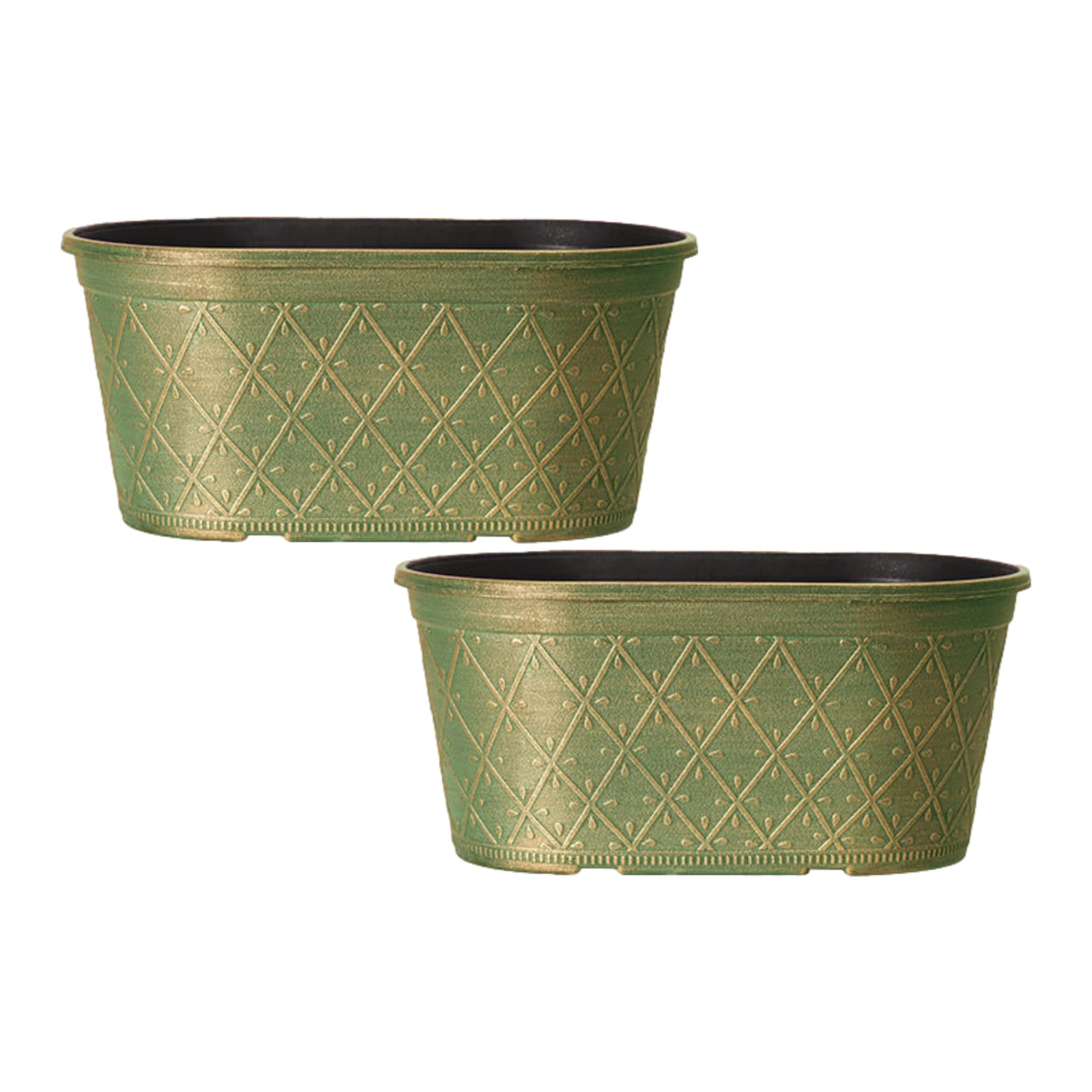 Fyne-Finds Green Set Of 2 Oval Plastic Prisma Planters 30Cm, 12Inch Festive 6L Trough Garden Plant Pots Home Decor Drainage Holes & Weatherproof
