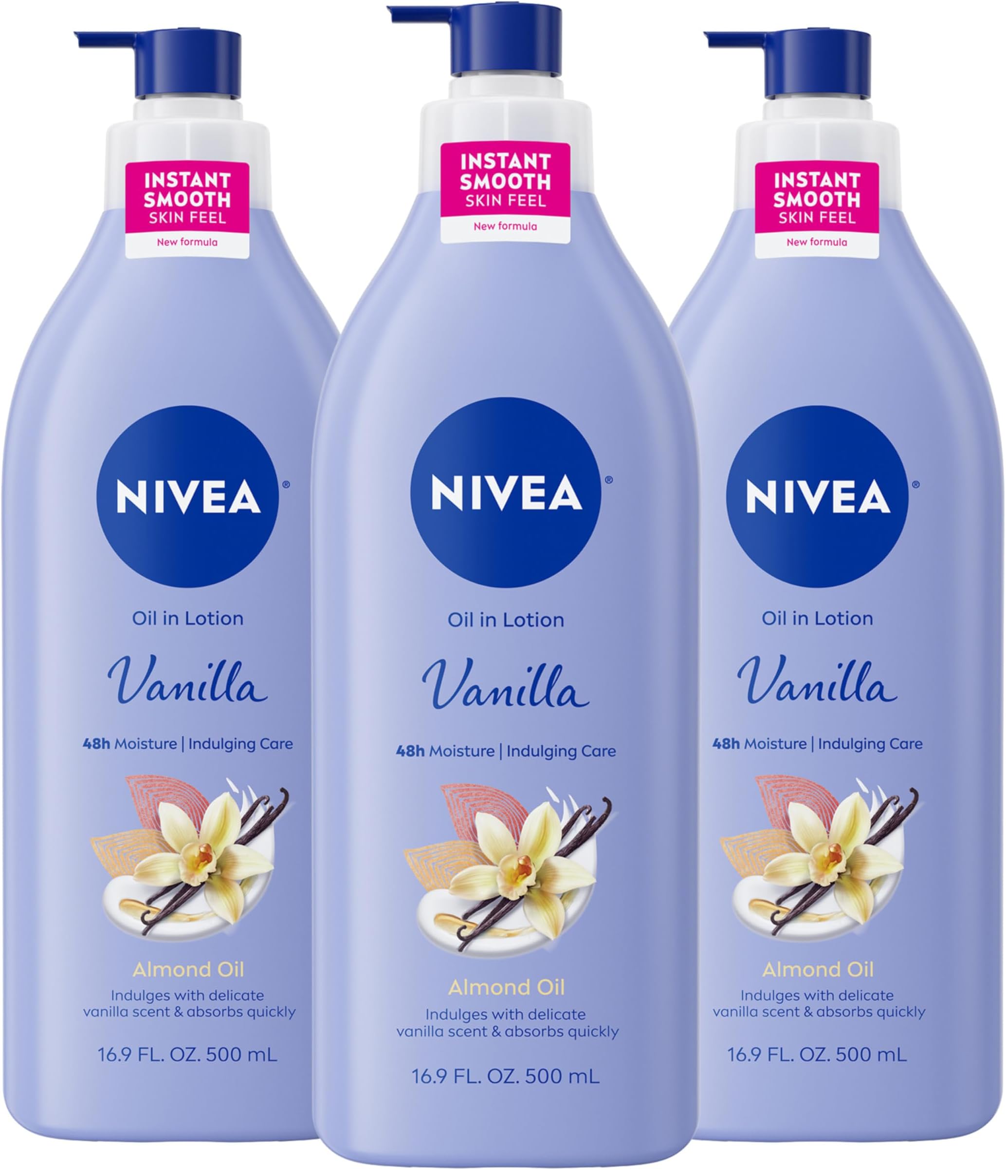 Oil Infused Vanilla and Almond Oil Body Lotion for Women, Fast-Absorbing and Non-Greasy Vanilla Scented Lotion Moisturizes for 48 Hours, 16.9 Fl Oz Pump Bottle, Pack of 3