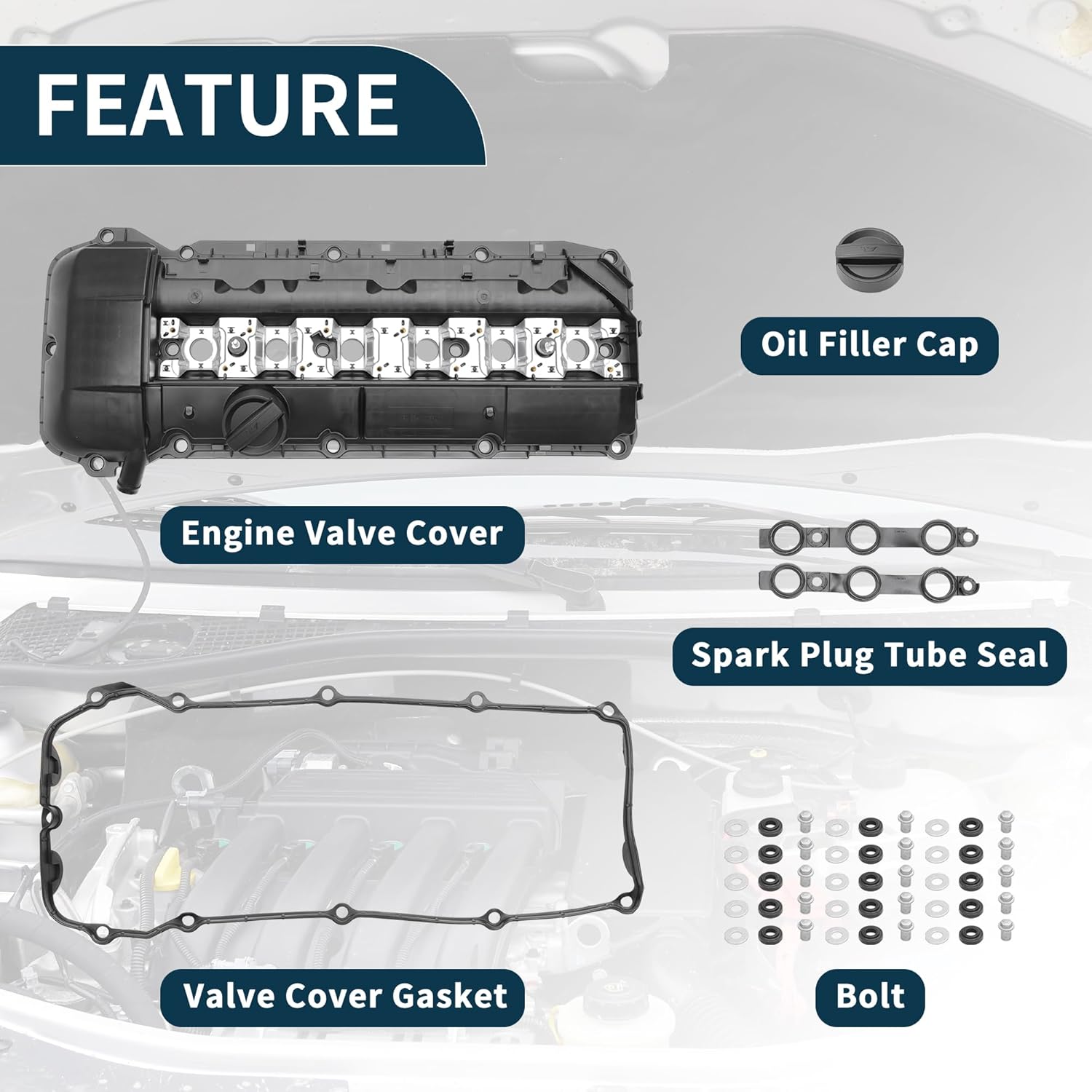 Engine Valve Cover for BMW 325i 2.5L 01-02 No.11121432928/11121437395 Front Rocker Cover Black with Gasket Bolt Oil Cap Spark Plug Tube Seal 1 Set