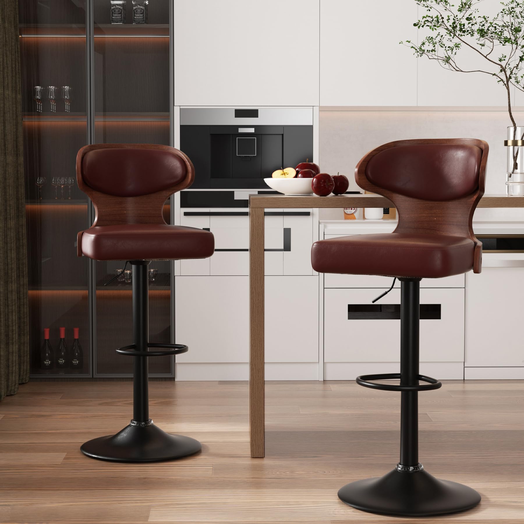 Nalupatio Bar Stools Set of 2 Seat Adjustable Height 24.5-33.5IN - Bentwood Swivel Barstools with Back & Footrest - PU Leather Upholstered Bar Chair