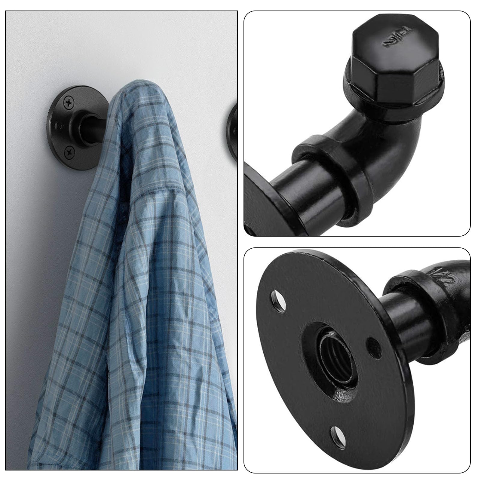 Pynsseu Industrielle Rohrhaken 6 Stück, Pynsseu Eisen Bademantel und Handtuchhaken, robuster DIY Wandmontage, rustikaler Kleiderbügel, Huthalter, mattschwarzer Haken