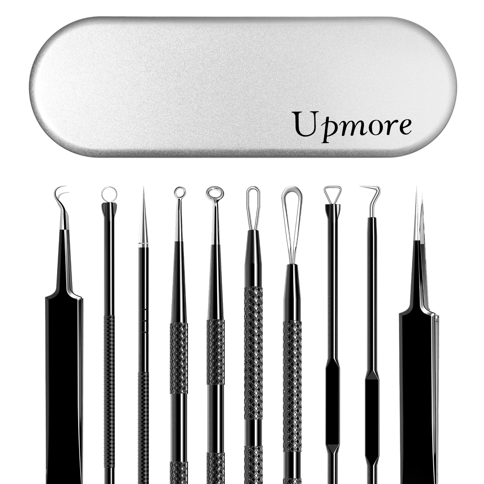 Upmore Mitesserentferner Set aus Edelstahl, 6-teiliges Profi-Werkzeug mit Aufbewahrungsbox - Dermatologisch Getestet, Gegen Pickel, Mitesser & Unreinheiten in Nase & Gesicht