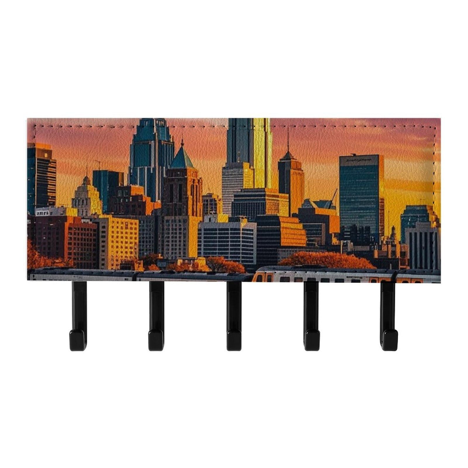 QMNLKH Sunset Bridge Skyscraper Wall Mounted Key Rack for Home, No Drilling Key Holder with 5 Hooks, Self Adhesive Keys Chain Organizer for Hallway, Keys Hanger Shelf for Office, Doorway Black