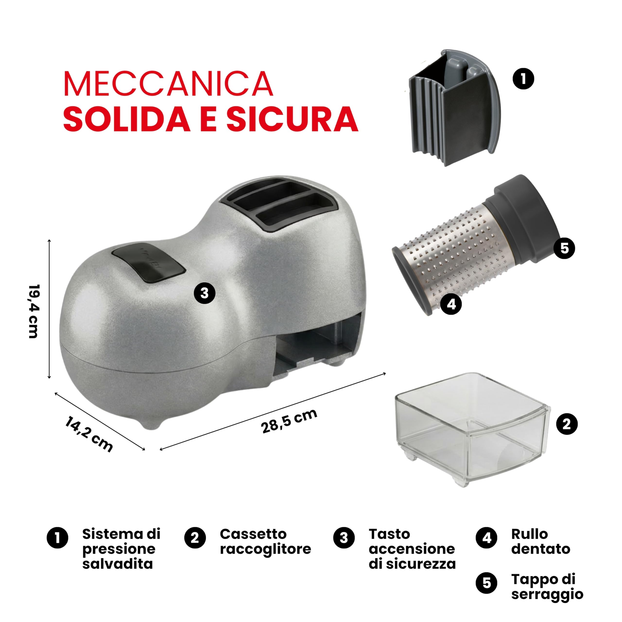 Reber Grattugia Elettrica per Formaggio 140W - Ideale per Parmigiano, Pane Secco, Cioccolato e Frutta Secca - Uso Continuo senza Soste - Facile da Pulire - Fido Silver