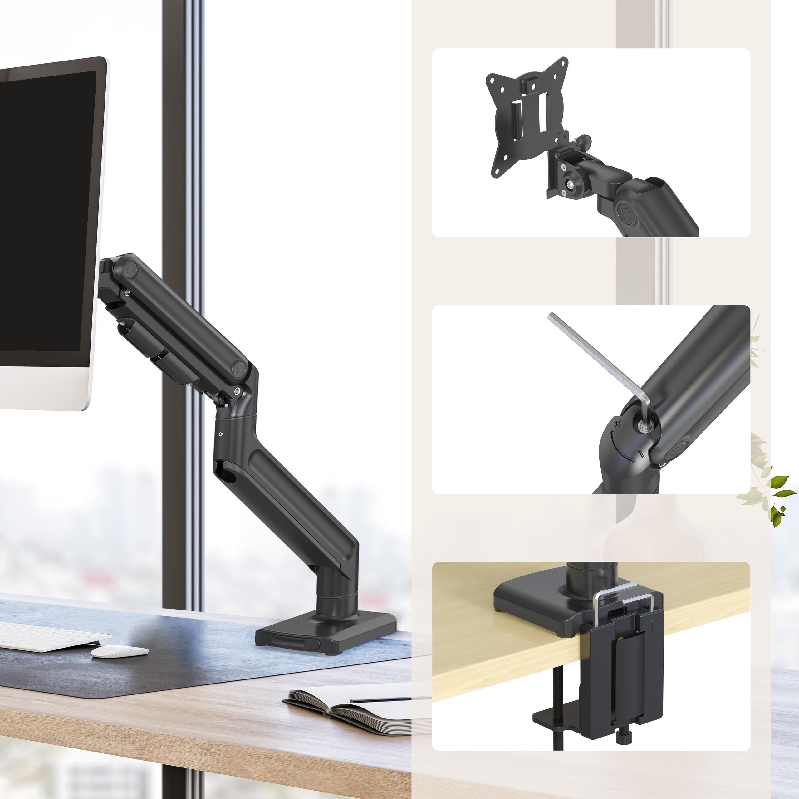 hjh OFFICE Monitorhalterung 1-Arm 15 – 42 Zoll VM-MG1S Gasfeder XXL Monitorarm individuell anpassbar, 20kg belastbar, Schwarz
