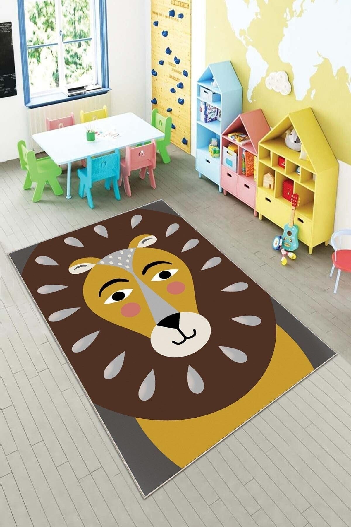 Pelangi Gri Aslan Desenli Çocuk Yıkanabilir Kaymaz Taban Leke Tutmazbebek Ve Çocuk Odası Halısı, Kahverengi-Taba 80 x 500, 90135704680500