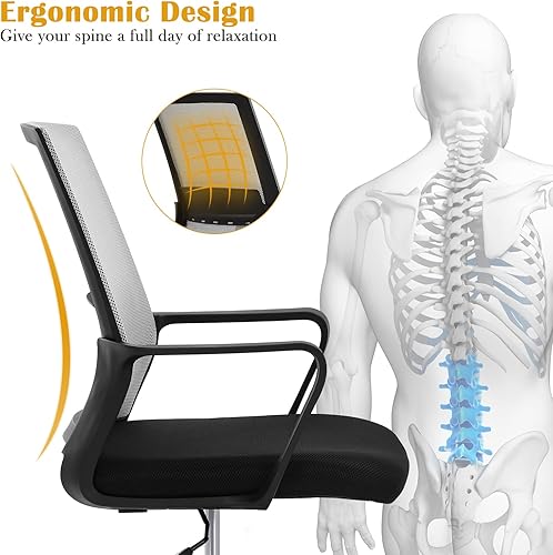 Miniatura 2 de Silla de redacción alta para escritorio de oficina, respaldo medio, altura de barra ajustable, silla de oficina con soporte lumbar y anillo para los